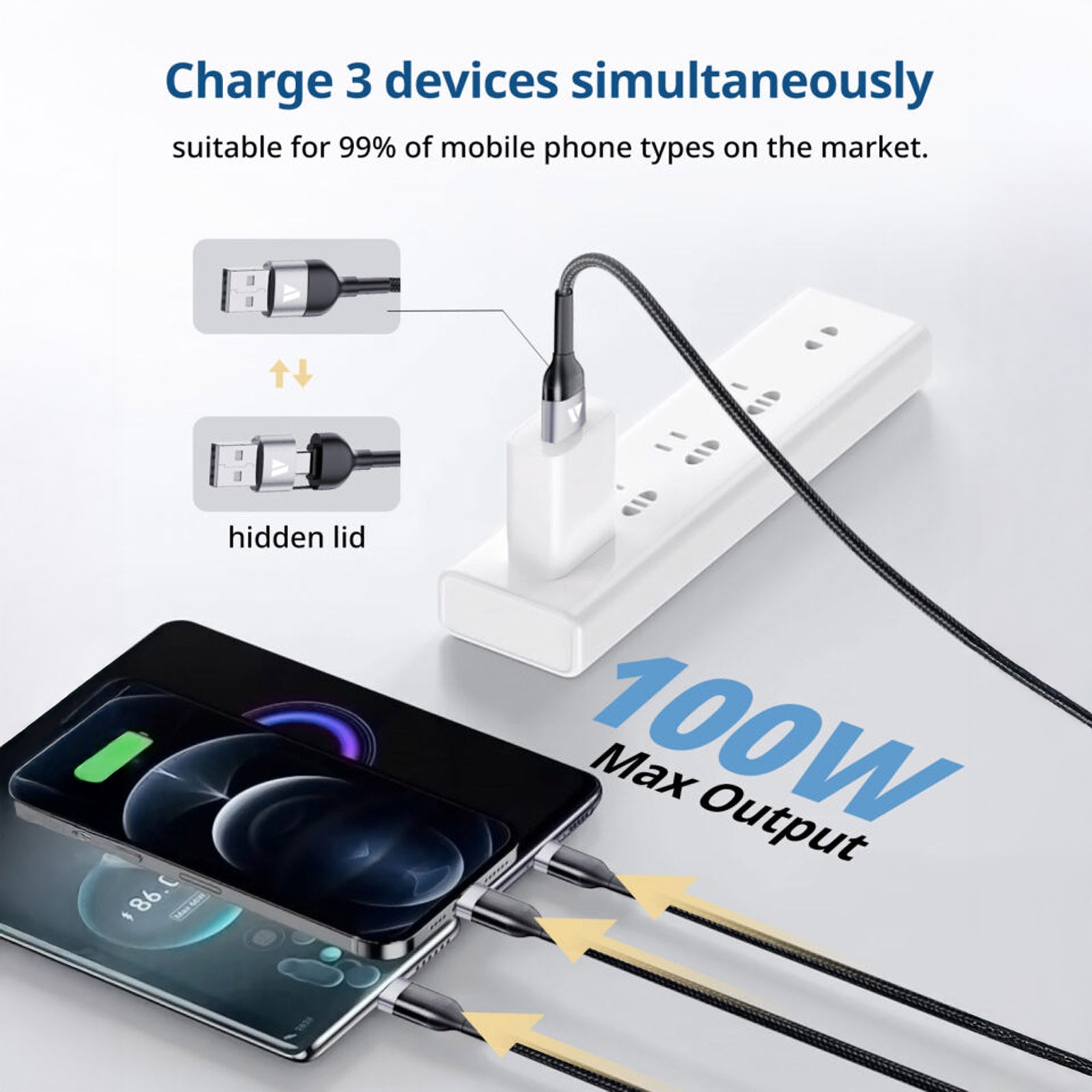 SUPERV RT52 BLACK (5 IN 1) CABLE 1.2M (OUTPUT USBC 100W/ LIGHTNING 27W/ MICRO USB 12W/ INPUT USBA AND USBC)