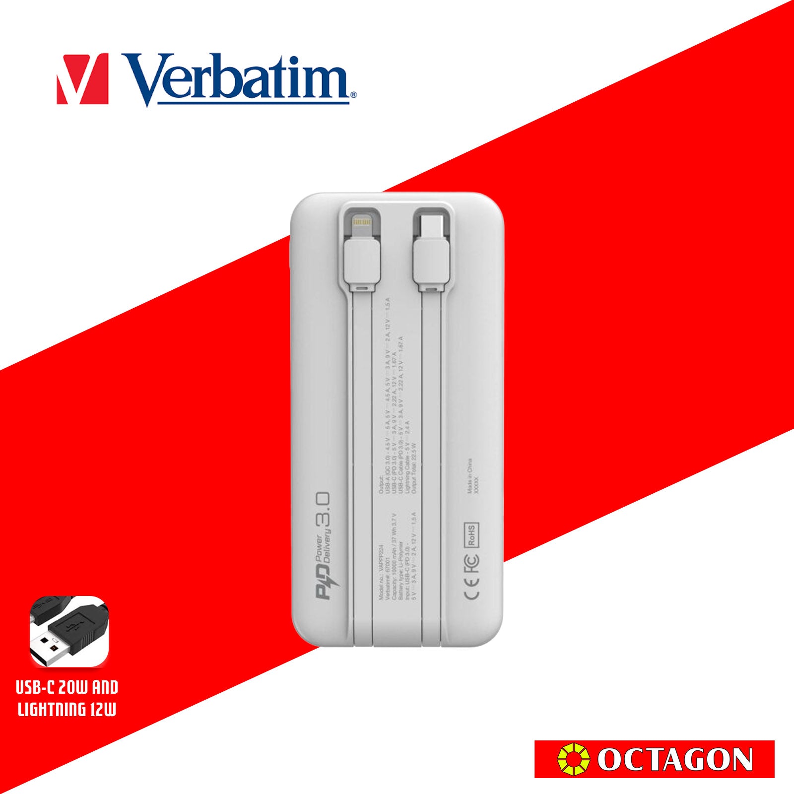 VERBATIM 67001 WHITE CHARGENGO 10K MAH 22.5W POWERBANK W/ BUILT-IN LIGHTNING & TYPE-C CABLE + DIGITAL DISPLAY PD20W / QC3.0 18W / SUPERCHARGE 22.5W