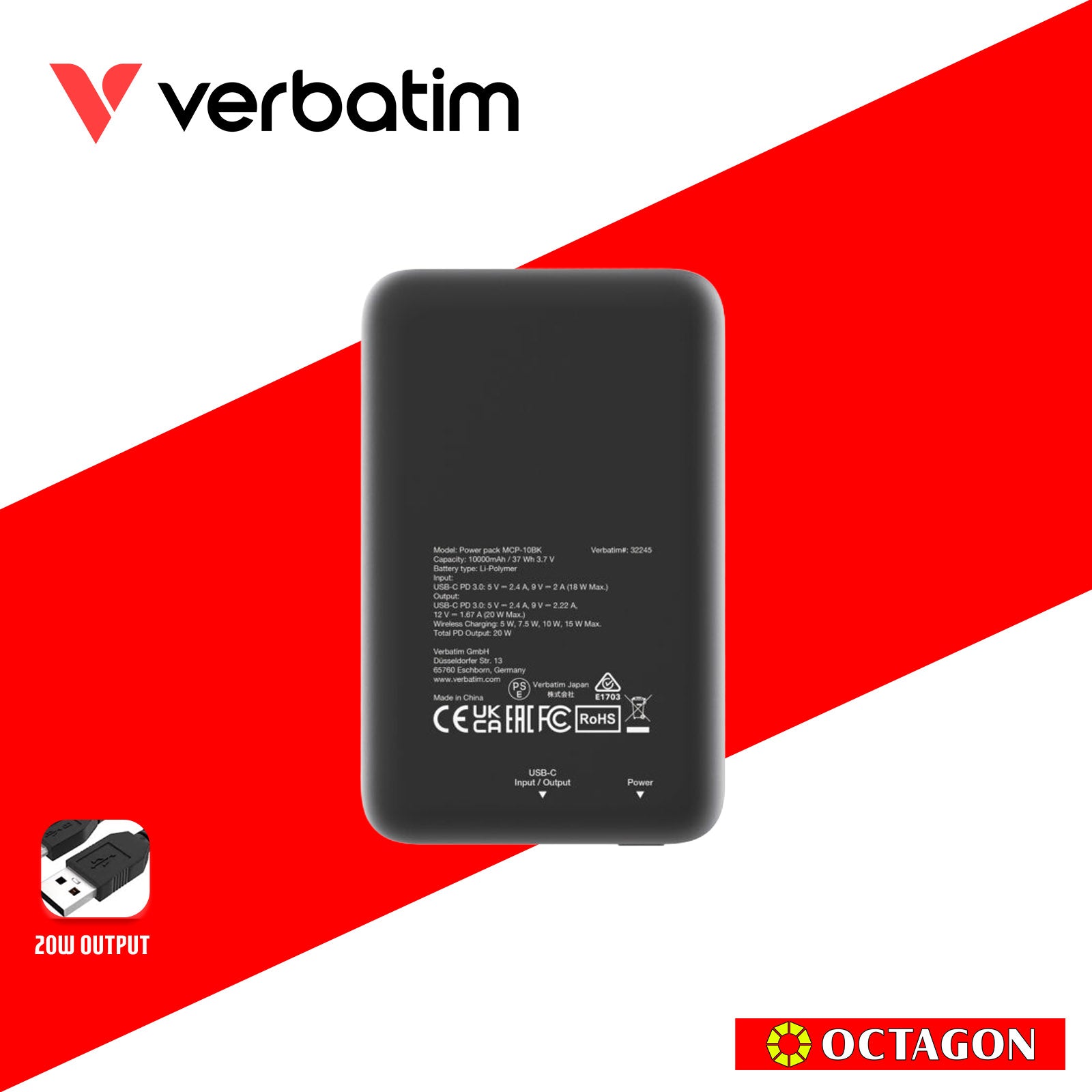 VERBATIM 32245 MAGNETIC WL 10000 MAH POWER PACK MCP - PD 20W MWC 15W BLACK