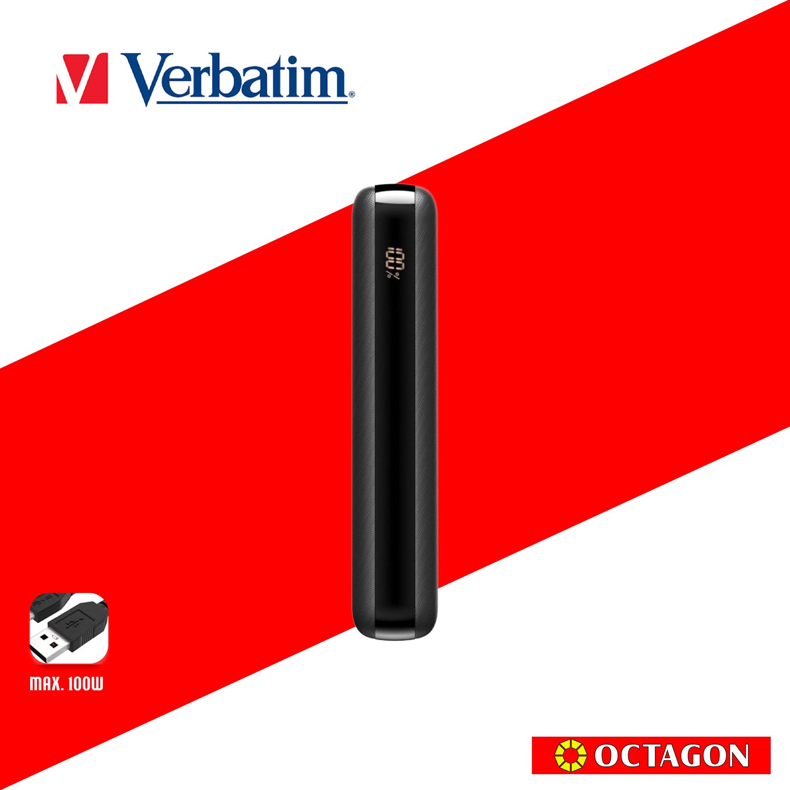 VERBATIM 66699 POWER BANK PD3.0 (100W) W/ DISPLAY 20000MAH (PD100 + QC3.0 18W / USB-A 12W / CHARGE LAPTOP) BLACK