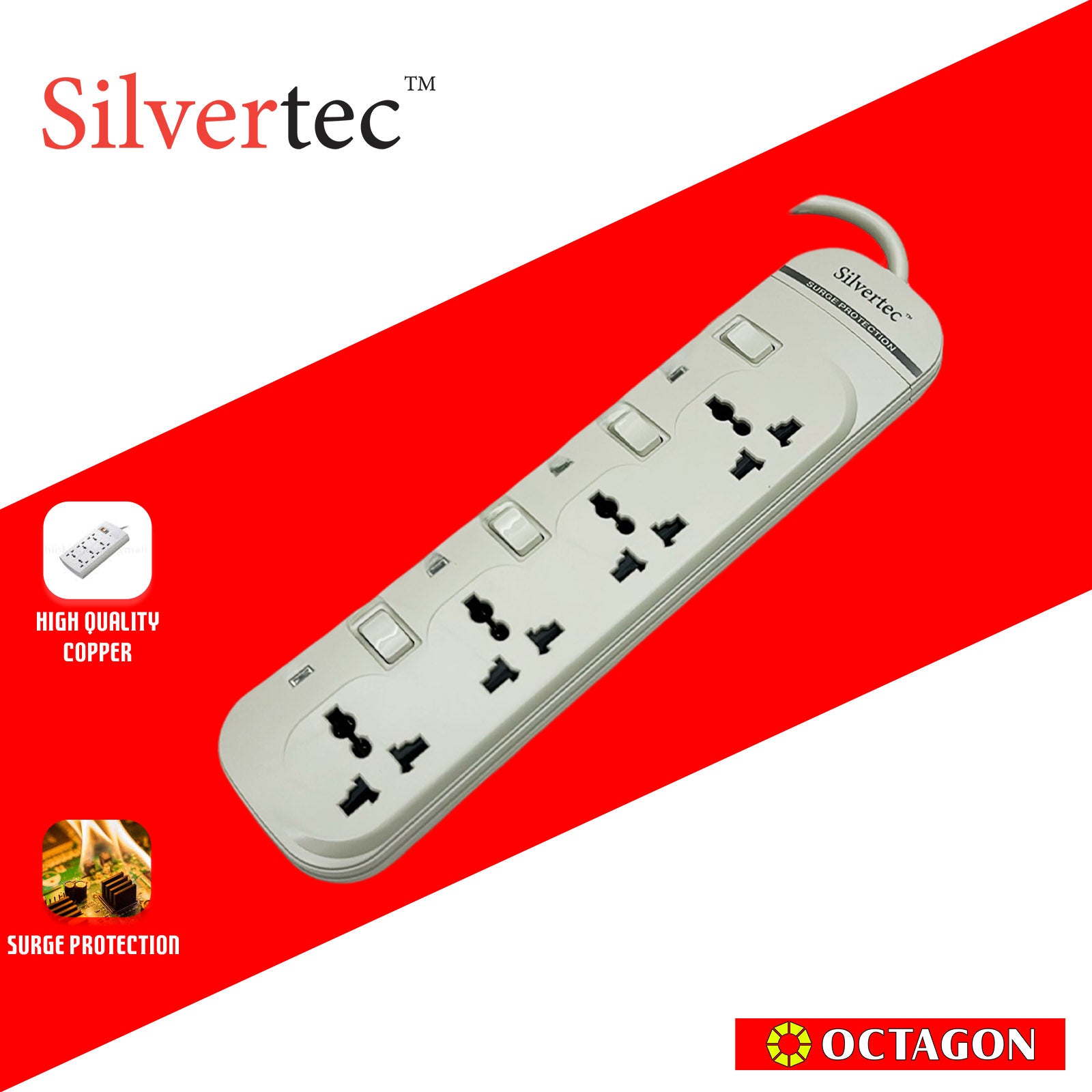 SILVERTEC NEW SV38-1.8M 4-OUTLET UNIVERSAL PLUG/ 4-SWITCH/ 1.8M/ 10A/ 2500W/ 250V IVORY POWER STRIP W/ SURGE PROTECTION