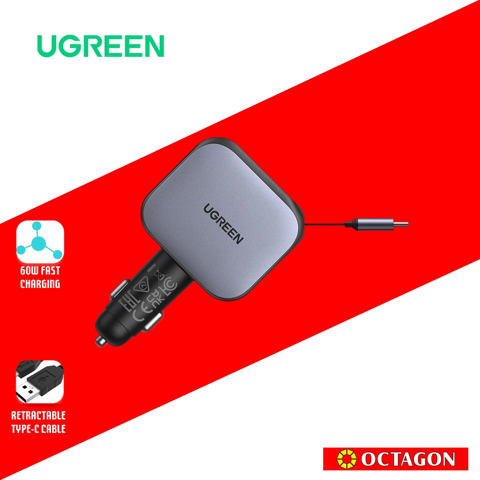 UGREEN EC602/55212B 60W FAST CHARGER WITH RETRACTABLE USB-C CABLE CAR CHARGER