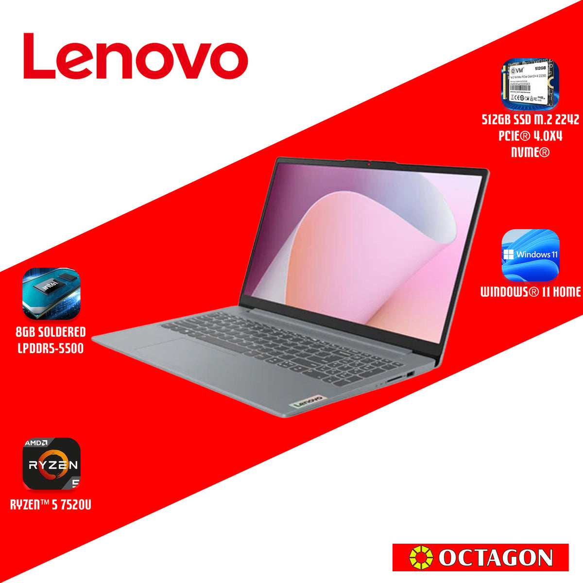 LENOVO IP S3-15 (82XQ00WDPH)/ RYZEN 5 7520U/ 8GB/ 512GB SSD/ 15.6 FHD/ WIN 11/ OFFICE HOME 2024