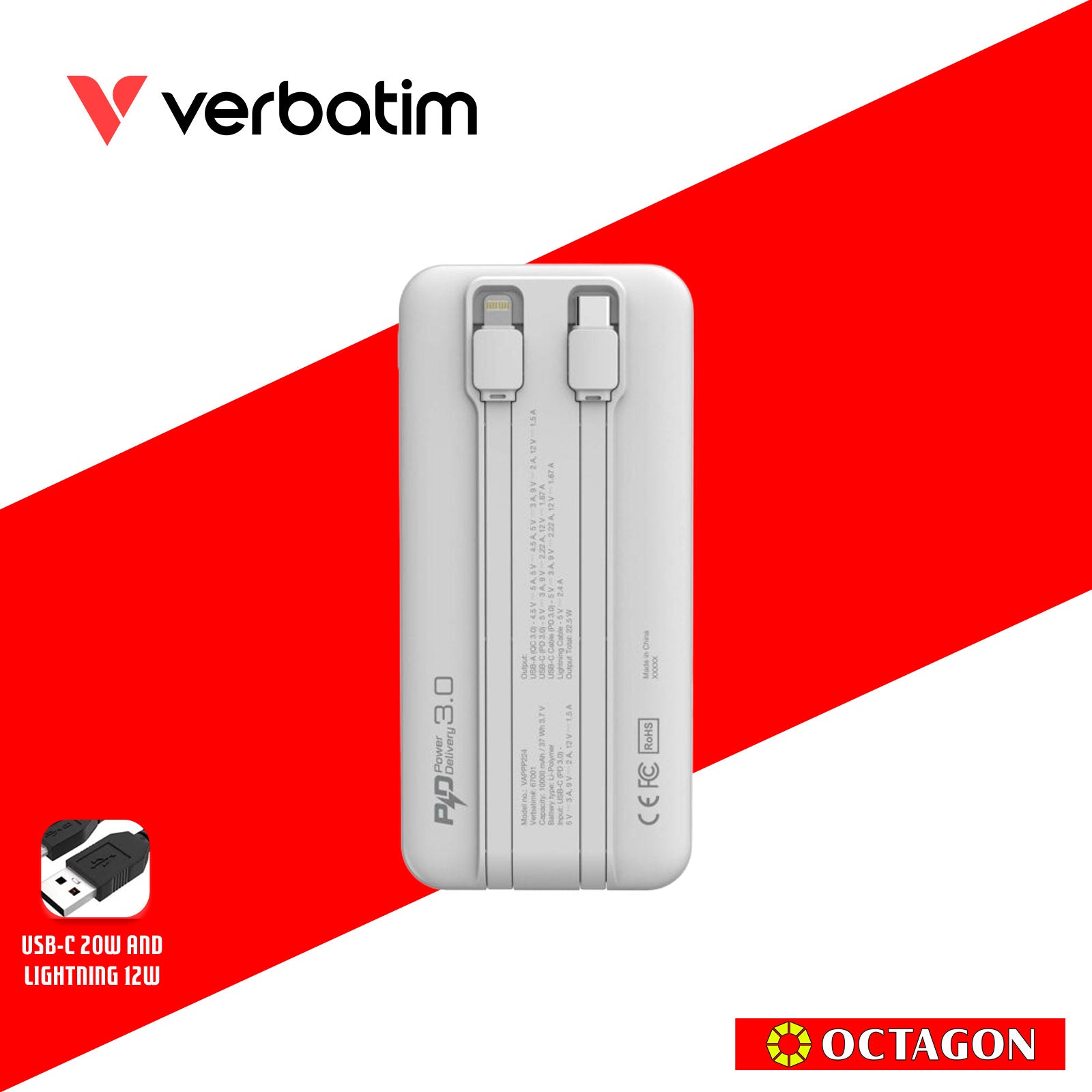 VERBATIM 67001 WHITE CHARGENGO 10K MAH 22.5W POWERBANK W/ BUILT-IN LIGHTNING & TYPE-C CABLE + DIGITAL DISPLAY PD20W / QC3.0 18W / SUPERCHARGE 22.5W