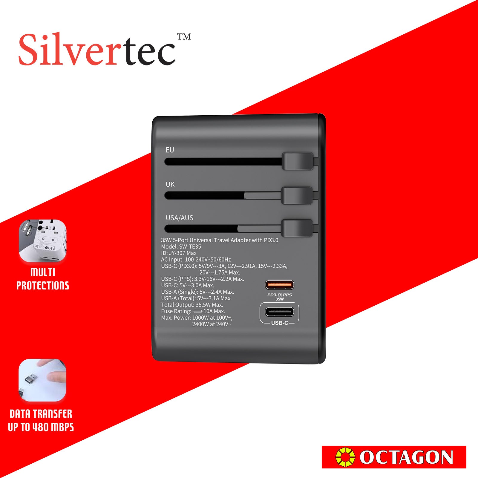 SILVERTEC SW-TE35-SG 35W GRAY 5-PORT+AC PD CHARGER TRAVEL ADAPTOR US/UK/EU/AU UNIVERSAL 3-USB-A & 2-USB-C WITH POUCH