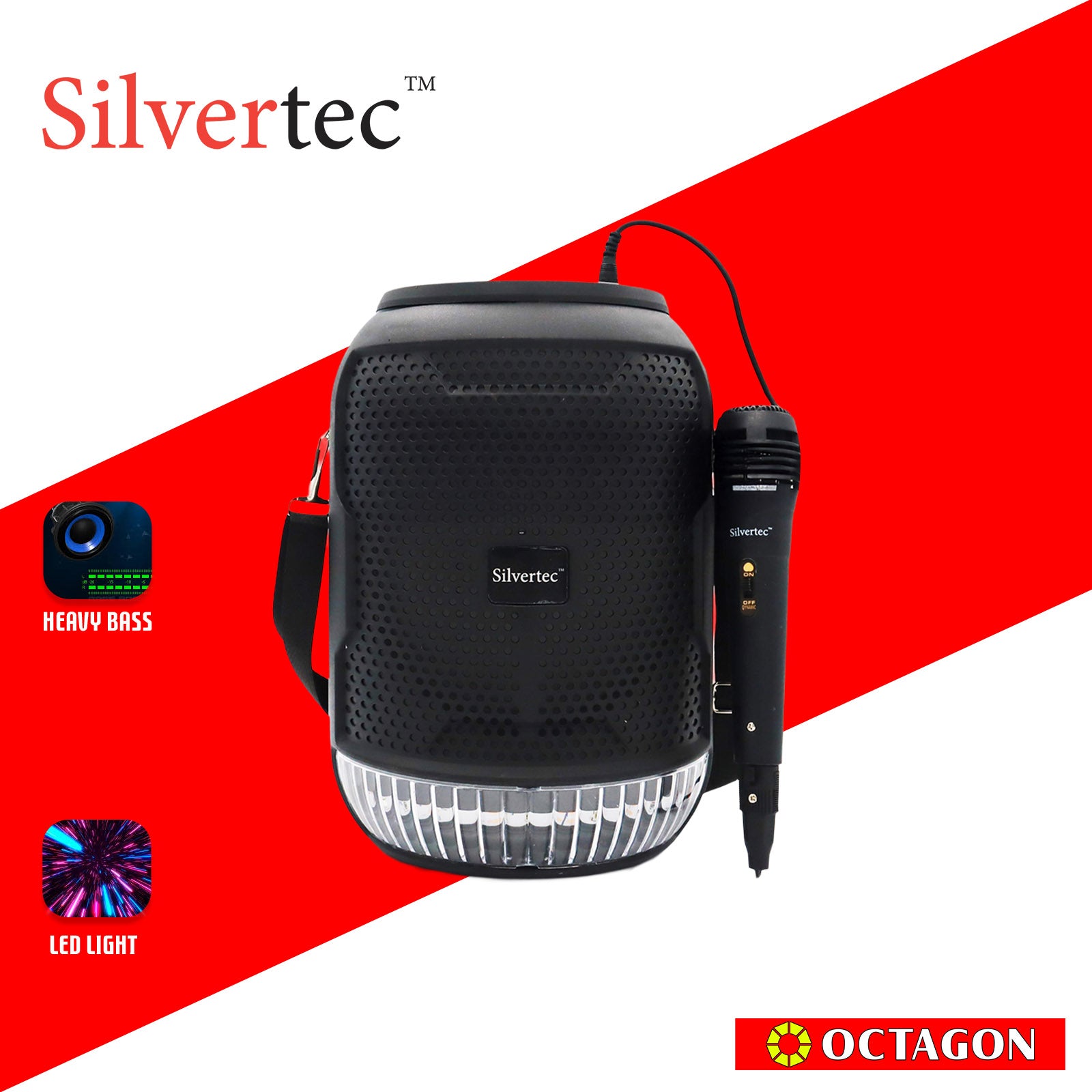 SILVERTEC SPBT-10605 USB/TF/AUX/FM/15W PORTABLE LED KARAOKE BT TWS SPEAKER ROUND W/ WIRED MICROPHONE & STRAP/ LITHIUM 3.7V/2400MAH