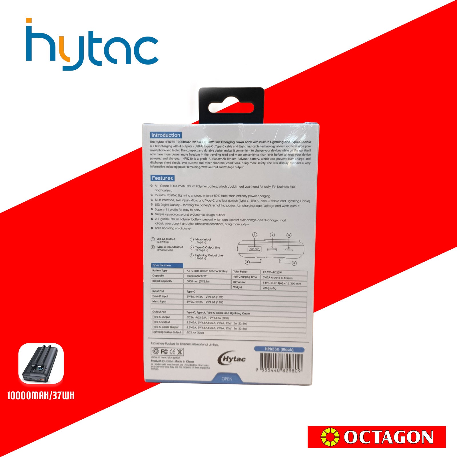 HYTAC HPB230 BLACK 10000 MAH FAST CHARGING POWER BANK WITH LIGHTNING & PD 22.5W TYPE C CABLE