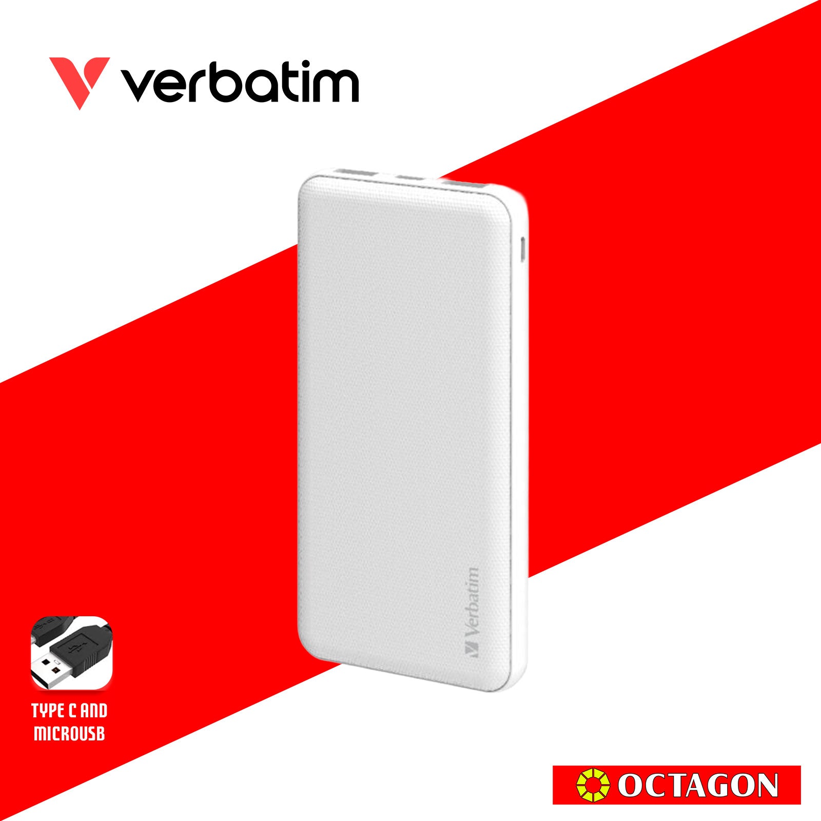 VERBATIM 66548 GRID PATTERN POWER BANK DUAL 10000 MAH INPUT/OUTPUT (TYPE-C AND MICRO USB POWER INPUT) WHITE