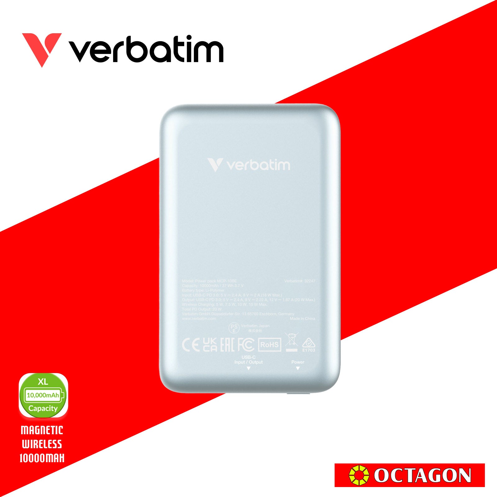 VERBATIM 32247 MAGNETIC WL 10000 MAH POWER PACK MCP - PD 20W MWC 15W BLUE