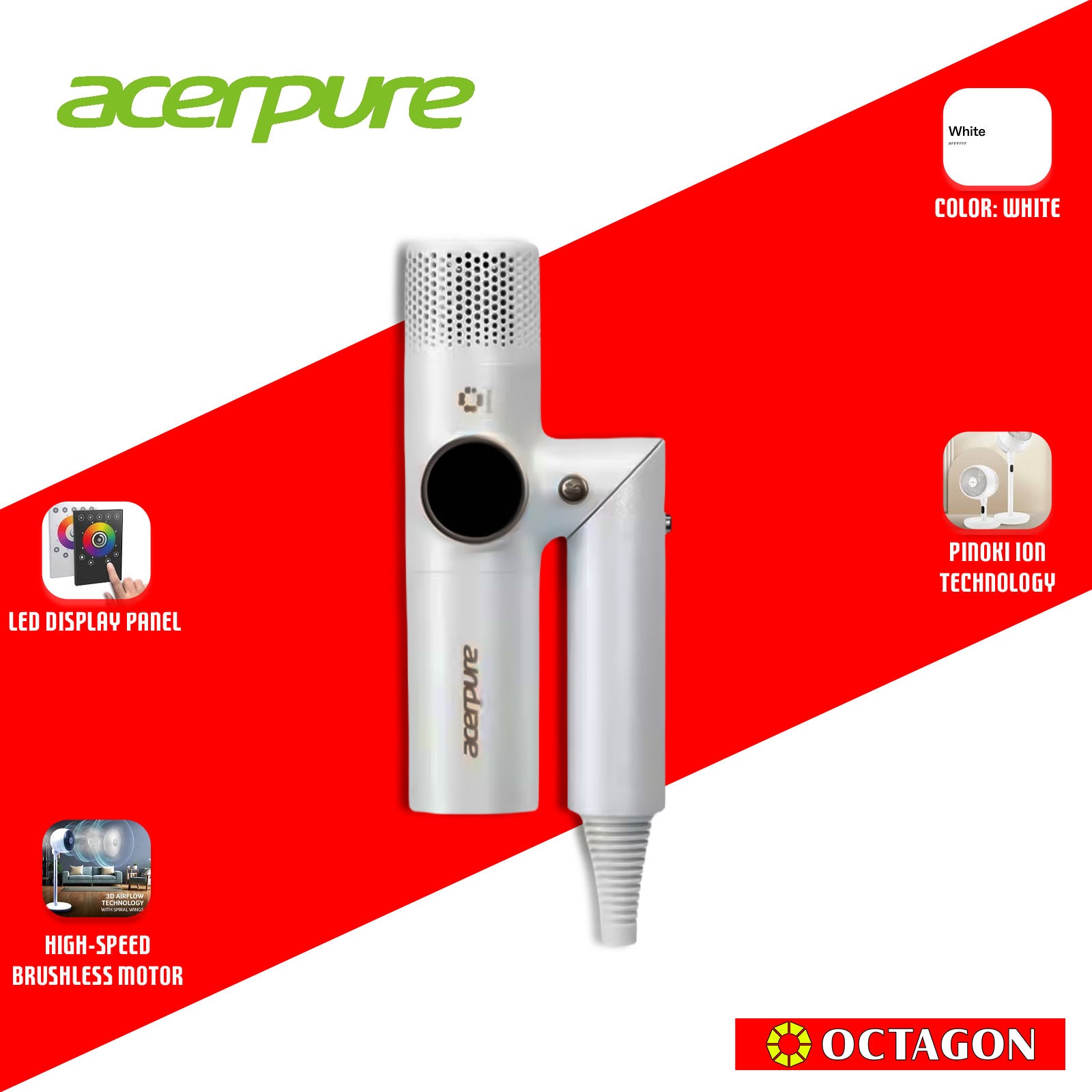 ACERPURE HD3 ICONIC PINOKI IONIC FOLDABLE HAIR DRYER WHITE (ZL.ATSTG.0CF)