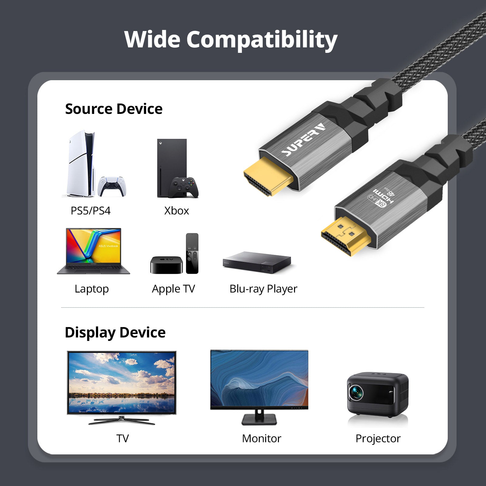 SUPERV  H8K100  HDR HDMI cable 8K 48G,  1M