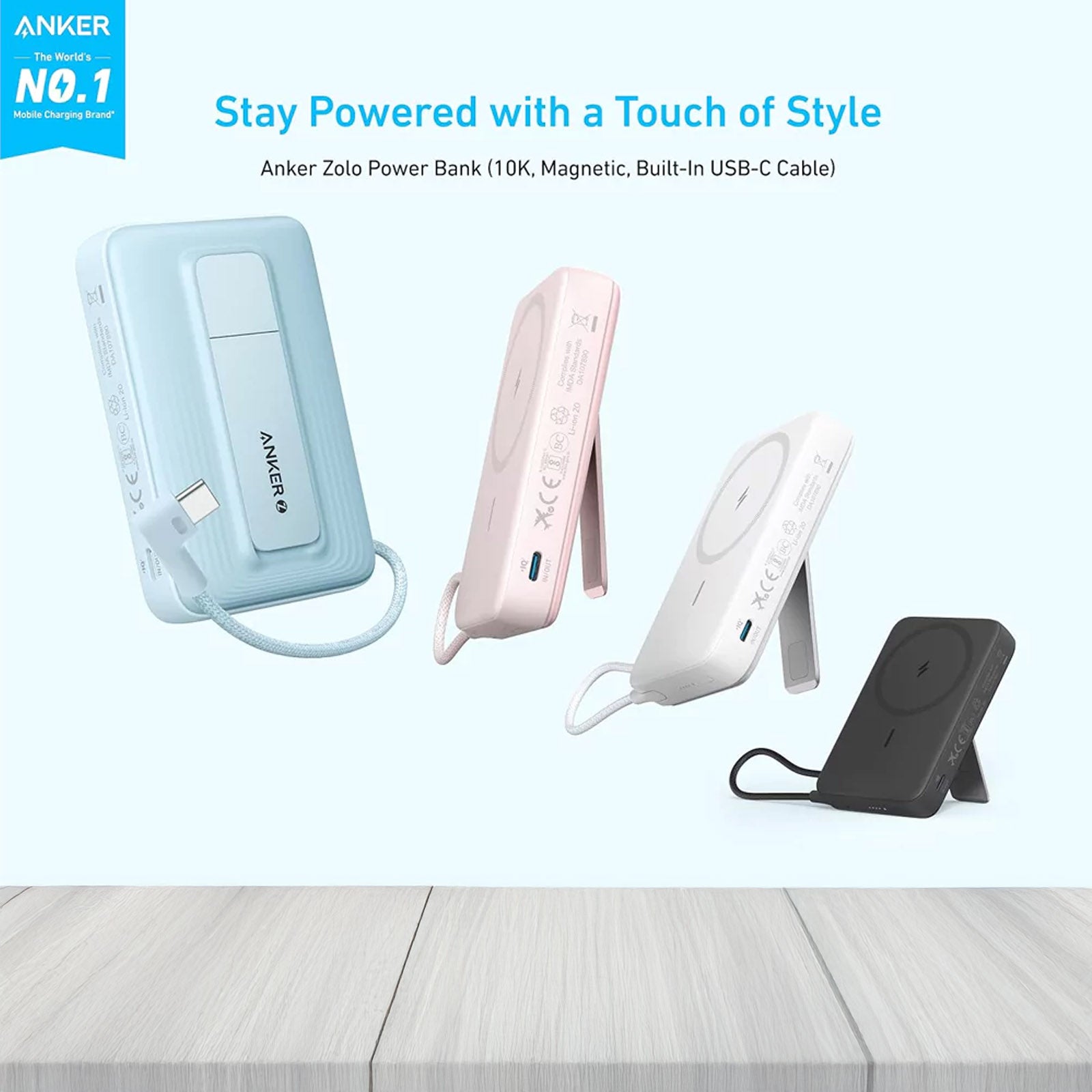 ANKER ZOLO A1685H31 BLUE 10K POWERBANK 30W BUILT-IN USB-C CABLE