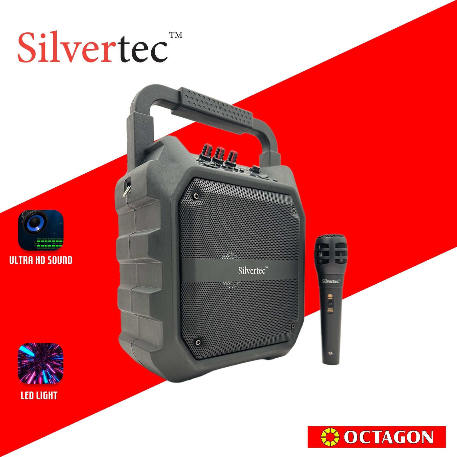 SILVERTEC SPBT-10148 USB/TF/AUX/FM/20W PORTABLE RGB KARAOKE BT SPEAKER W/ HANDLE & WIRED MICROPHONE & STRAP 7.4V/1800MAH