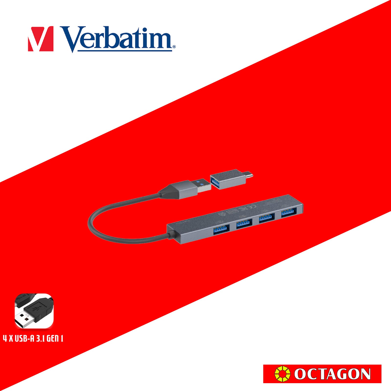 VERBATIM 66627 4-IN-1 USB3.1 HUB WITH TYPE C CONVERTER (4 PORTS*USB3.1) (GREY)