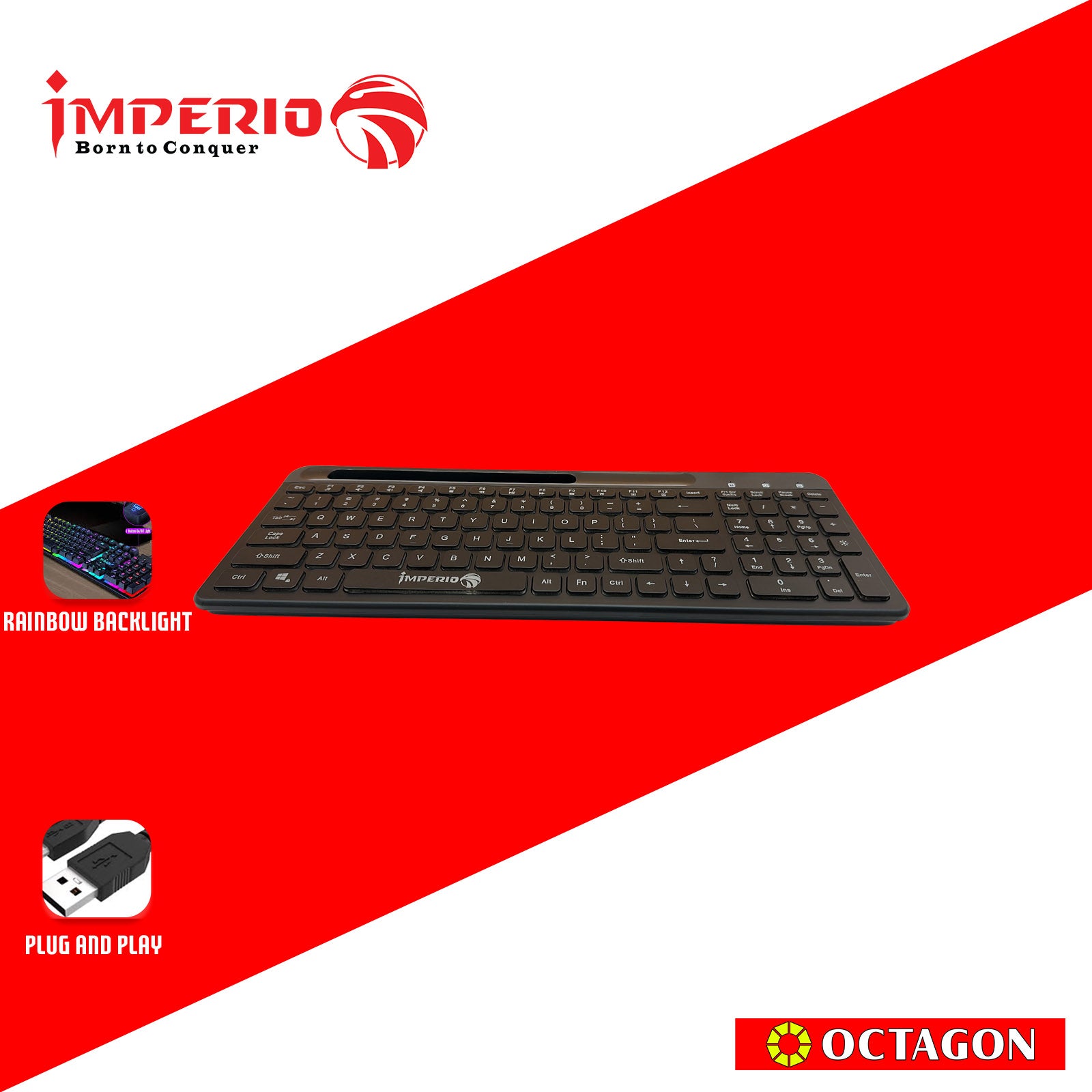 IMPERIO ICC-KB507 RAINBOW BACKLIGHT USB KEYBOARD 100 KEYS W/ MOBILE HOLDER BLACK