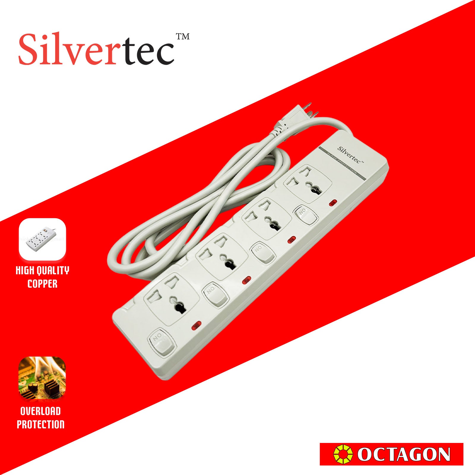 SILVERTEC NEW SV28-1.8M 4-OUTLET UNIVERSAL PLUG/ 4-SWITCH/ 1.8M/ 10A/ 2500W/ 250V IVORY POWER STRIP W/ SURGE PROTECTION