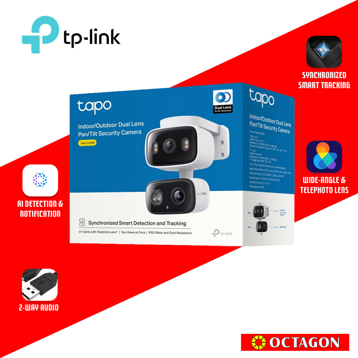 TPLINK TAPO C246D INDOOR/ OUTDOOR DUAL LENS 2K+3MP PAN TILT SECURITY CAMERA