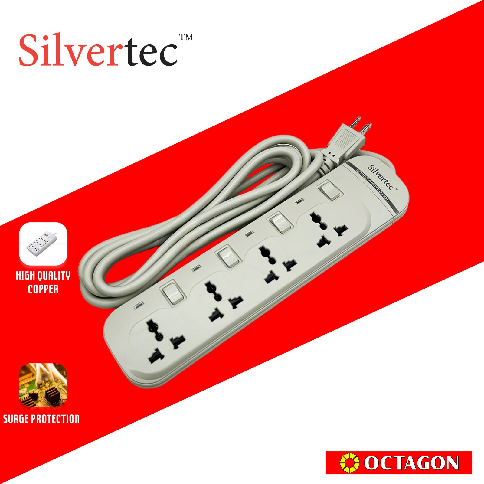 SILVERTEC NEW SV38-3M 4-OUTLET UNIVERSAL PLUG/ 4-SWITCH/ 3M/ 10A/ 2500W/ 250V IVORY POWER STRIP W/ SURGE PROTECTION
