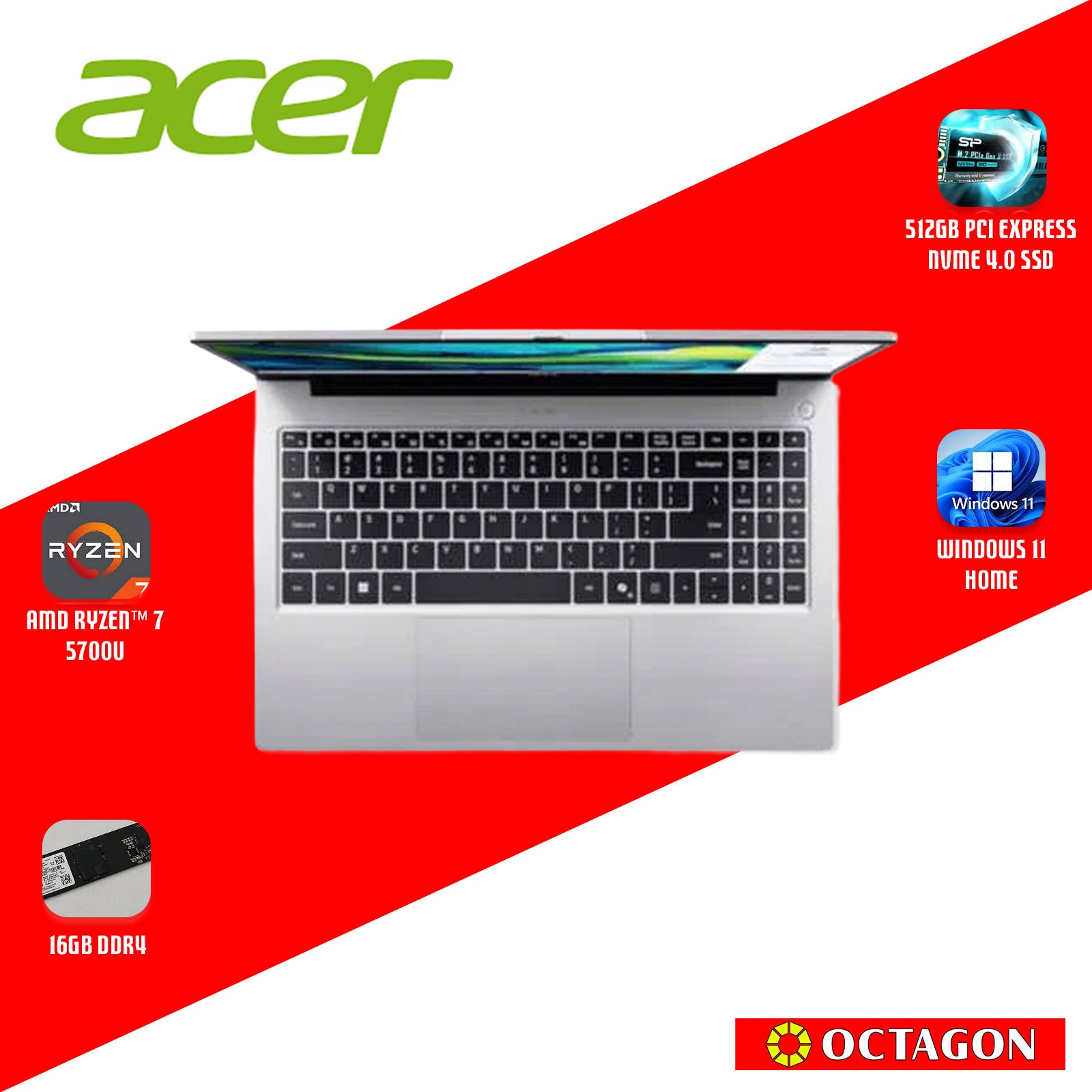 ACER ASPIRE LITE AL15-41P-R51N/ RYZEN 7 5700U/ 16GB/ 512GB SSD/ 15.6" IPS FHD/ WIN 11/ OFFICE HOME 2024 + OFFICE 365 1YR/ SILVER