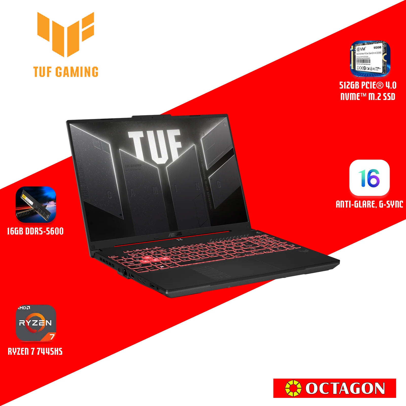 ASUS TUF FA607NUG-RL118WSM/ RYZEN 7 7445HS/ 16GB/ 512GB SSD/ 16 WUXGA 144HZ/ WIN 11/ RTX4050 6GB/ OFFICE H&S 2021 + M365/ GRAY