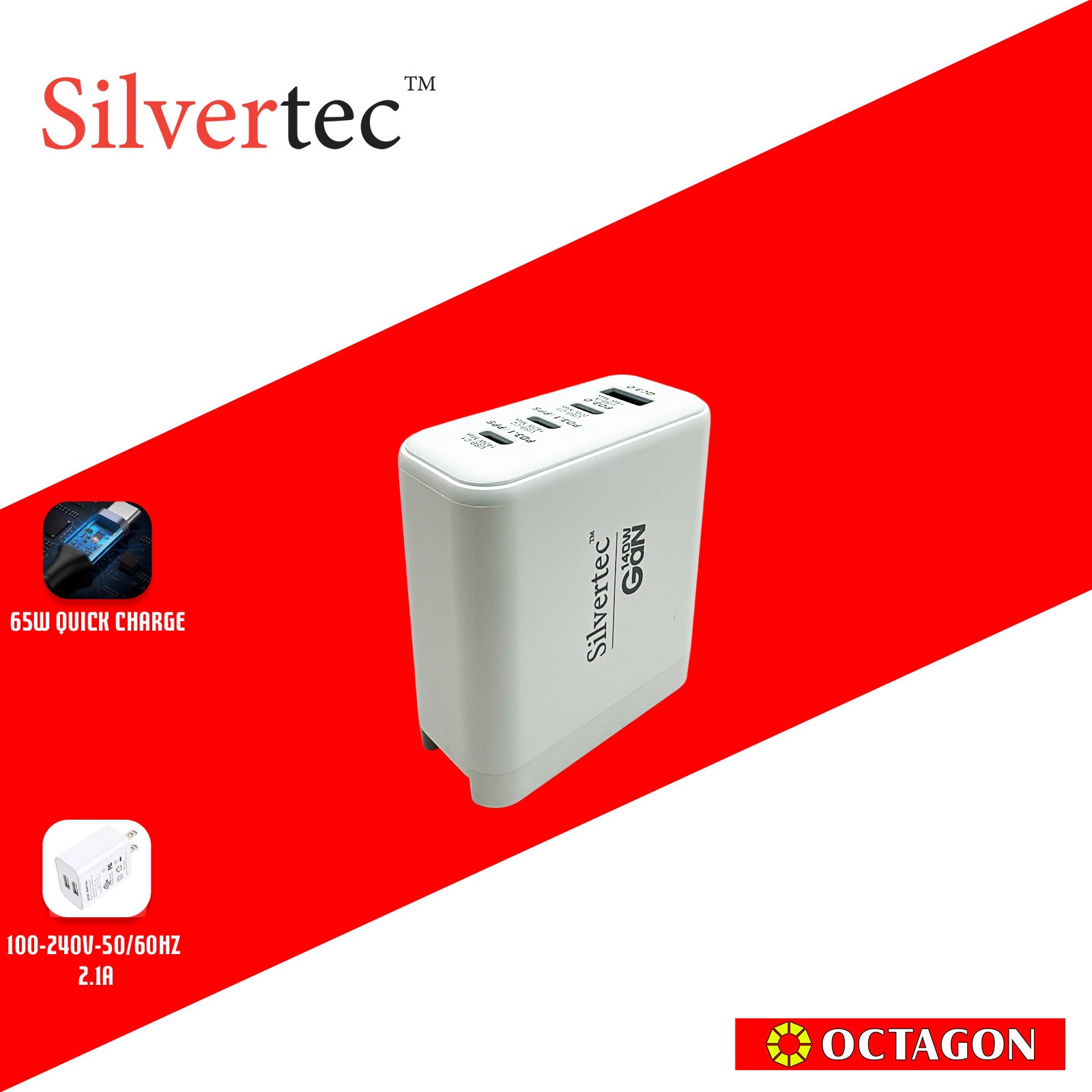 SILVERTEC ST-GW140-WH 140W 4-PORT USB UNIVERSAL PD GAN WALL CHARGER WHITE (3 PD / 1 QC)