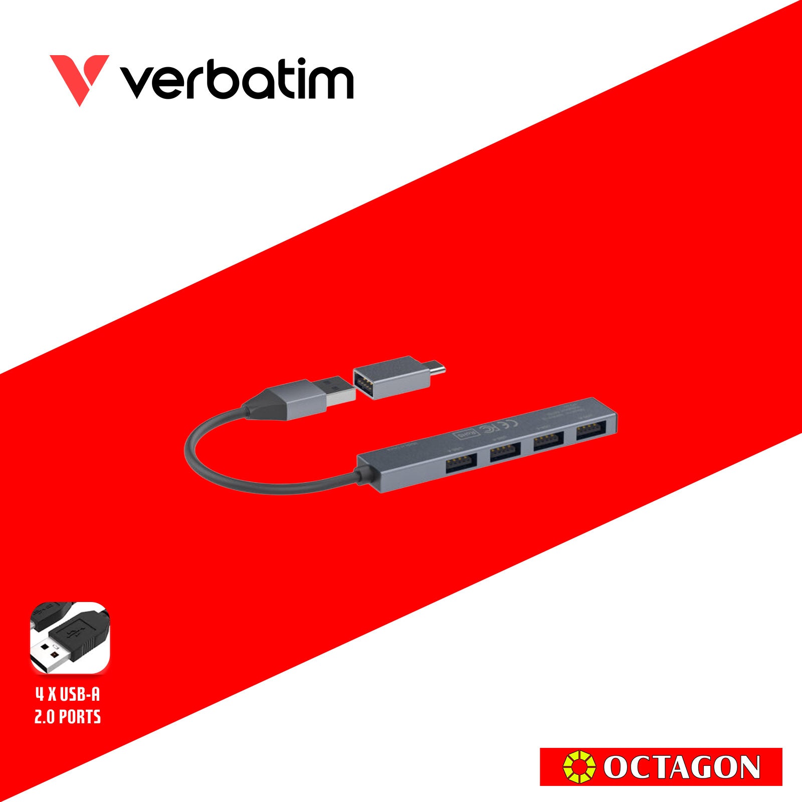 VERBATIM 66753 4-IN-1 USB-A HUB WITH TYPE C CONVERTER (4 PORTS*USB) (GREY)