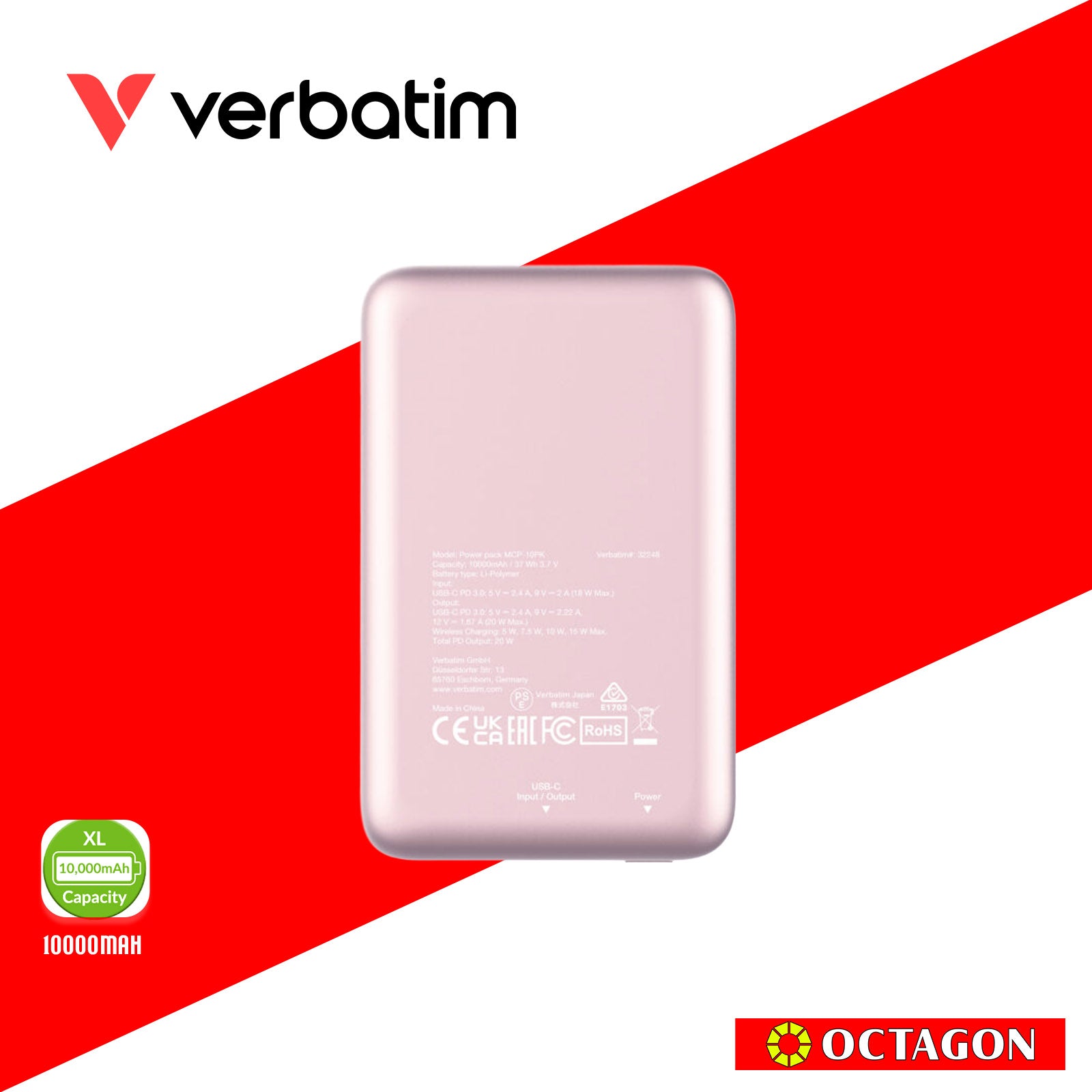 VERBATIM 32248 MAGNETIC WL 10000 MAH POWER PACK MCP - PD 20W MWC 15W PINK