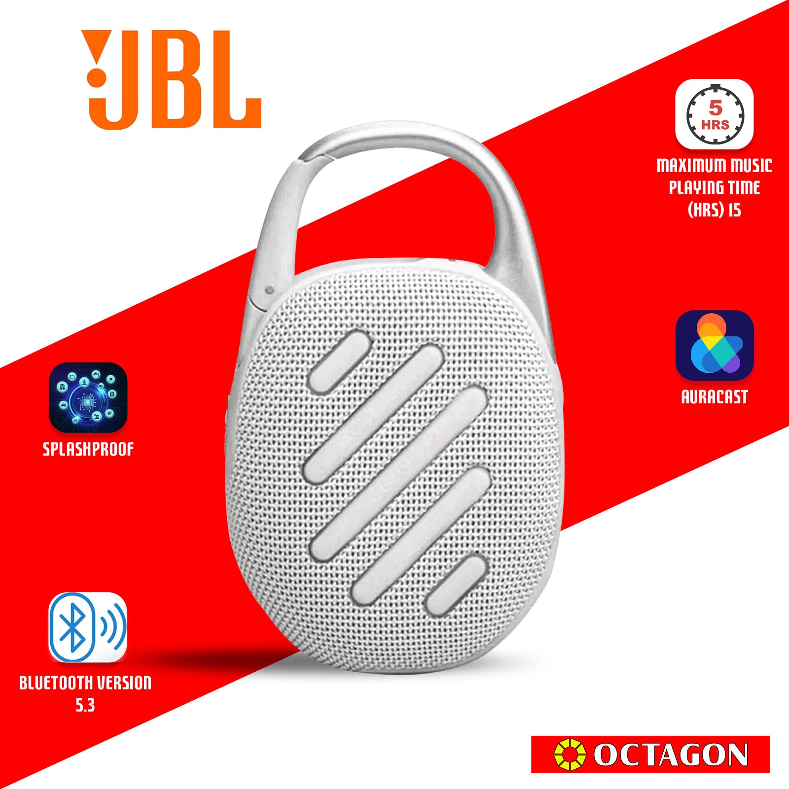 JBL CLIP 5 WHITE BT SPEAKER ULTRA-PORTABLE WATERPROOF