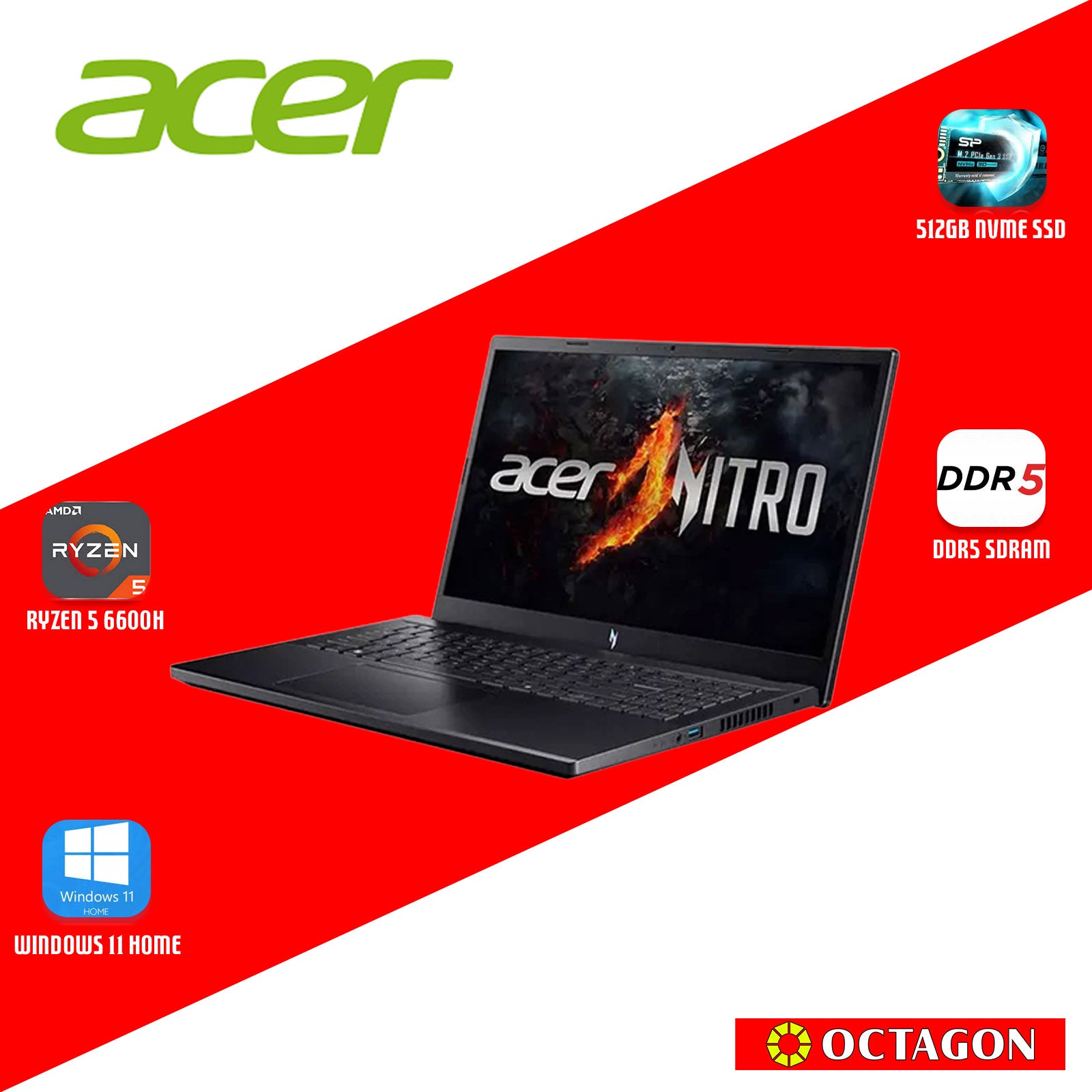 ACER NITRO V ANV15-41-R023/ RYZEN 5 6600H/ 8GB DDR5/ 512GB SSD/ 15.6 FHD IPS 165HZ/ WIN 11/ RTX2050 4GB/ OFFICE HOME 2024