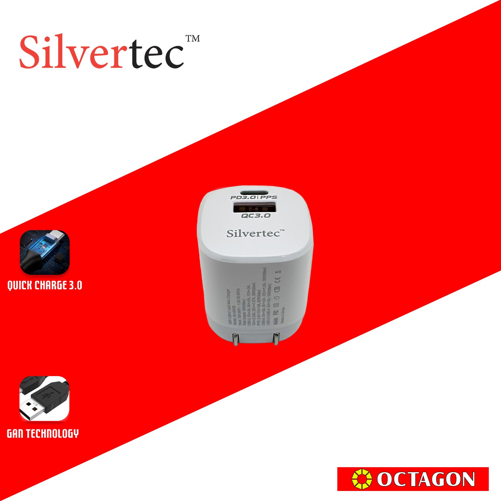 SILVERTEC SH-GW35-WH 35W 2-USB-C/A QC 3.0 PD GAN WALL CHARGER WHITE US PLUG