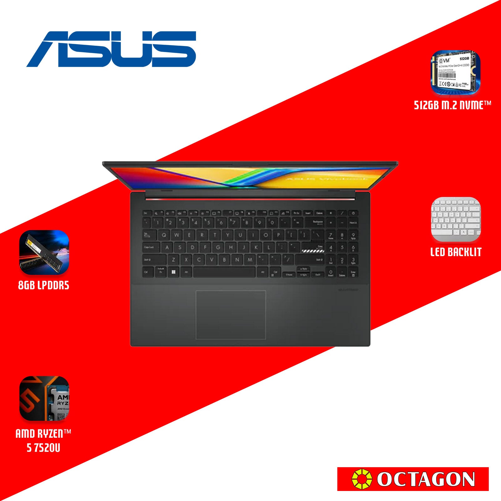 ASUS E1504FA-NJ1970WSM/ RYZEN 5-7520U/ 8GB/ 512GB SSD/ 15.6 FHD/ WIN 11/ OFFICE H&S + M365/ BLK