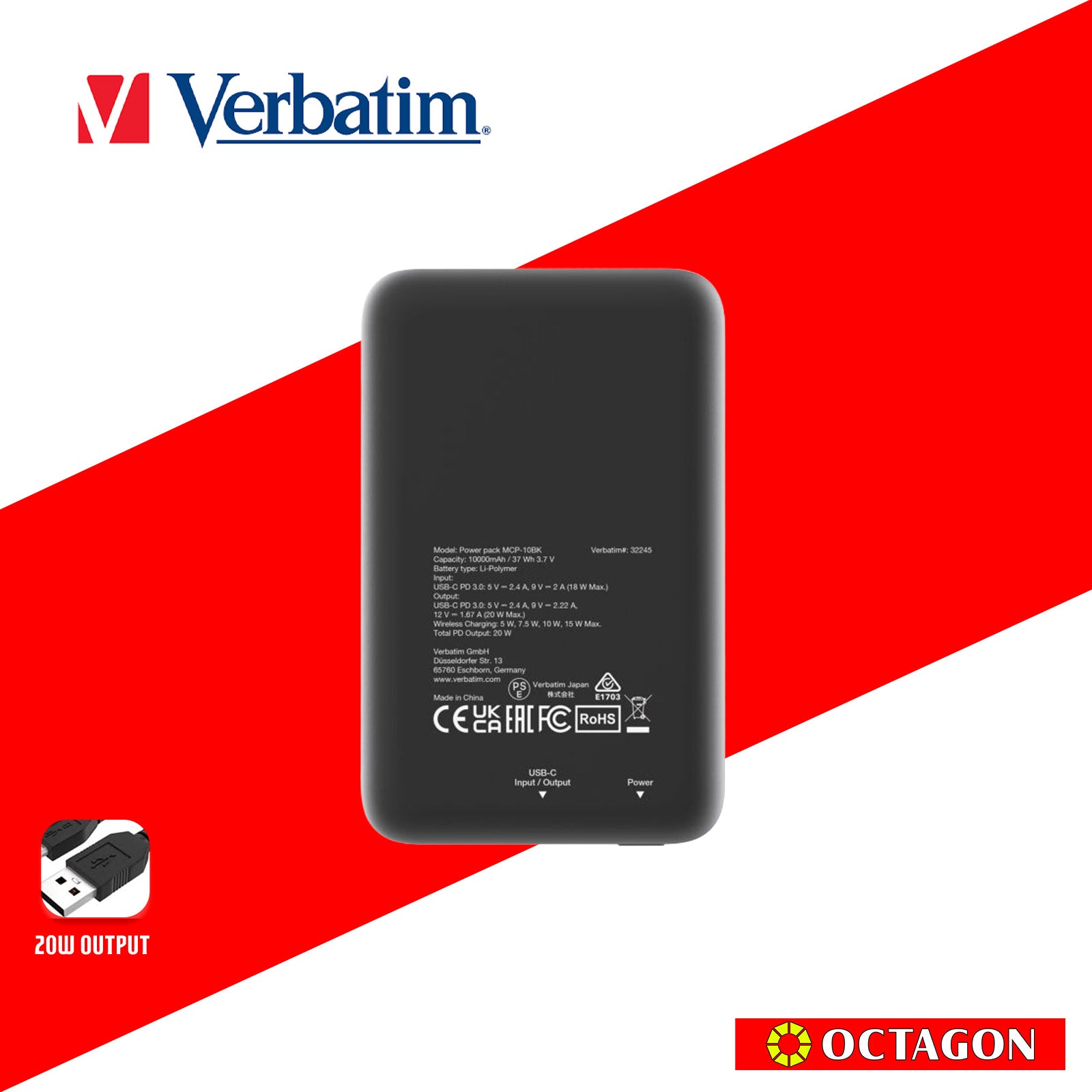 VERBATIM 32245 MAGNETIC WL 10000 MAH POWER PACK MCP - PD 20W MWC 15W BLACK