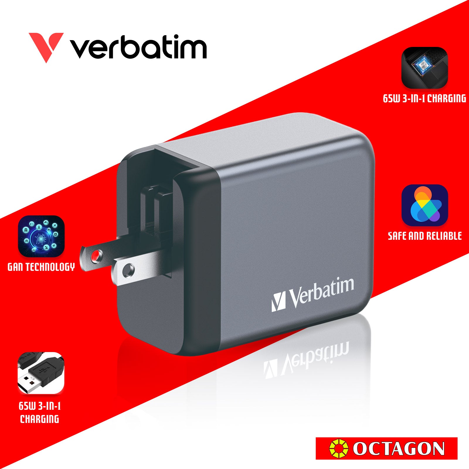 VERBATIM 32201 GNC-65 GAN CHARGER 3 PORT 65W USB A/C (EU/UK/US)