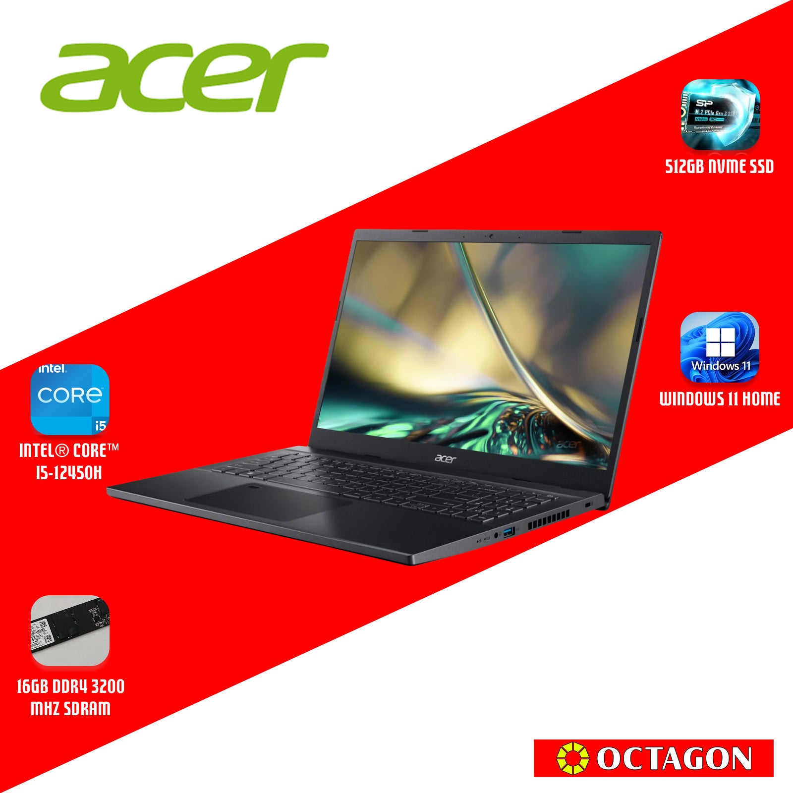 ACER ASPIRE 7 A715-59G-56W7/ CORE I5-12450H/ 16GB/ 512GB SSD/ 15.6 FHD/ WIN 11/ RTX3050 6GB/ OFFICE H&S 2024 + M365/ BLK