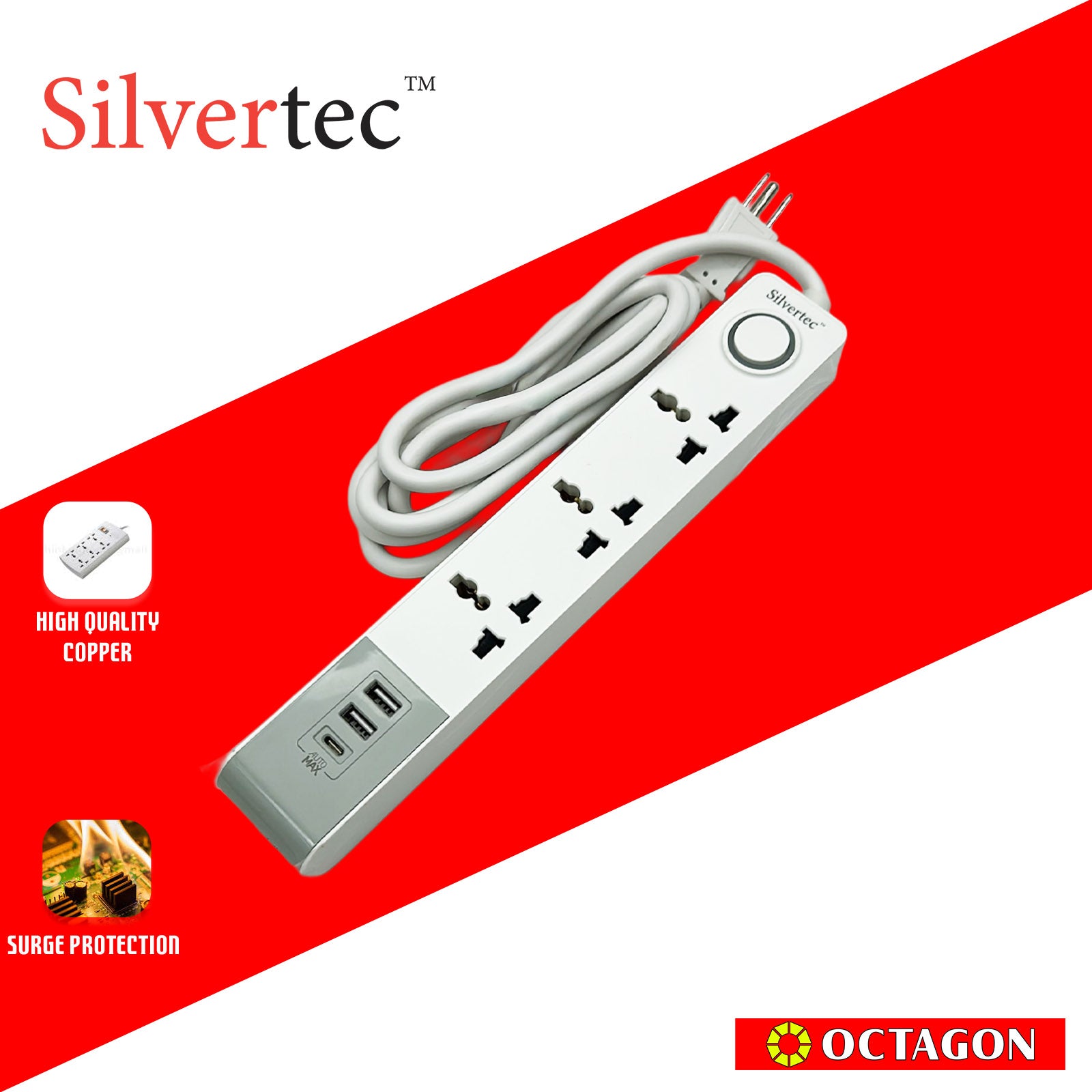 SILVERTEC SV68(2M) 3-OUTLET UNIVERSAL PLUG/ 2 USB Port/ 1 TYPE C PD20 W/ 10A/ 2500W/ 250V/ POWER STRIP SURGE PROTECTOR