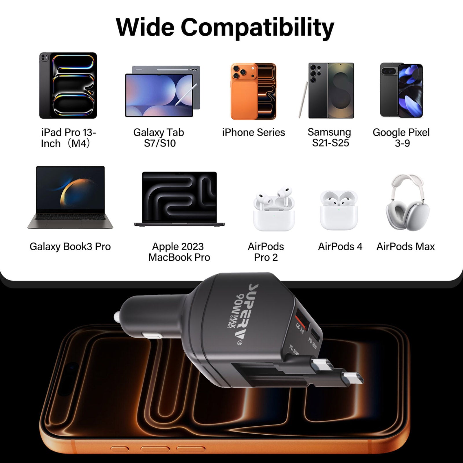SUPERV G04 BLACK 90W PD 65CM CAR CHARGER