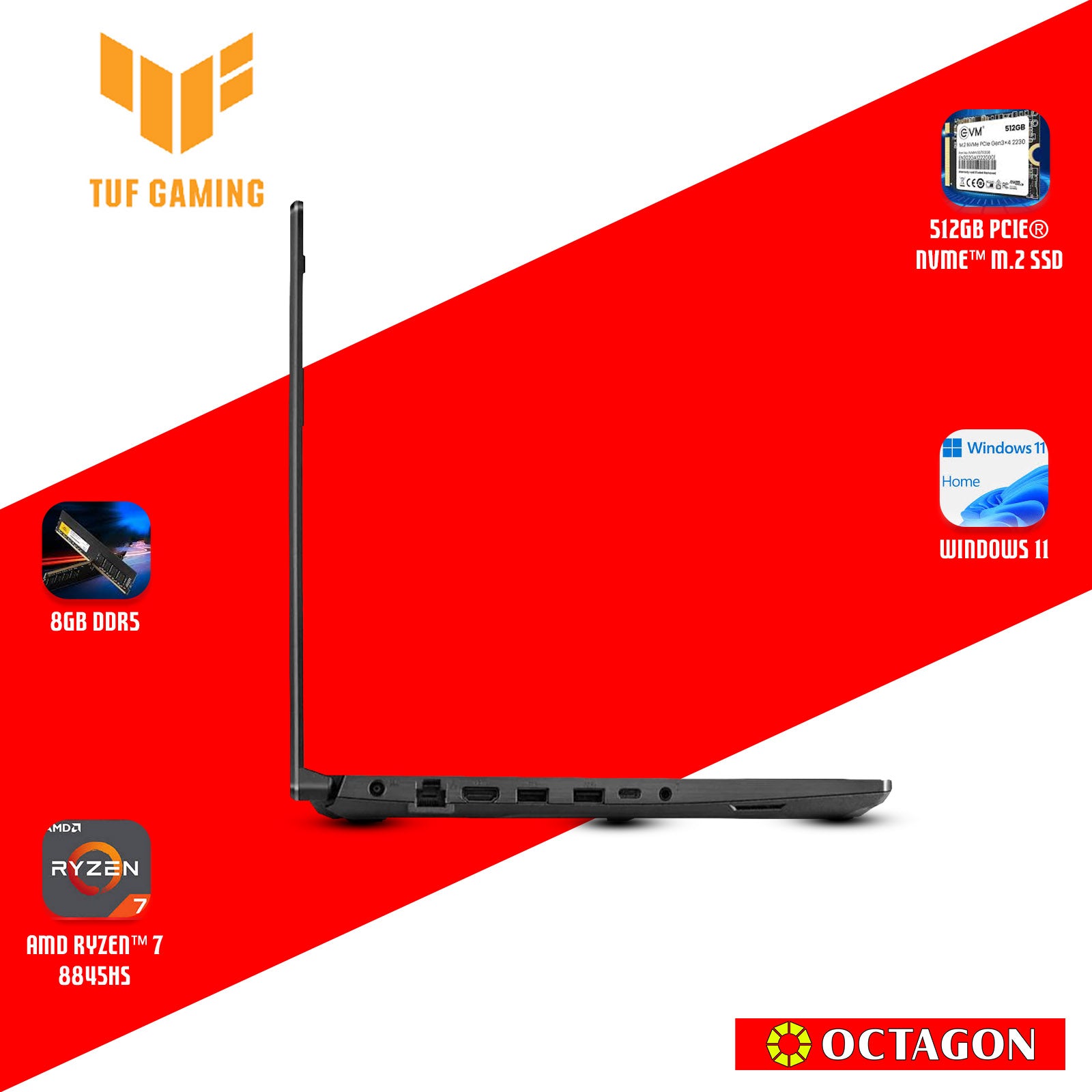 ASUS TUF FA506NCG-HN349WSM/ RYZEN 7-8845HS/ 8GB/ 512GB SSD/ 15.6 FHD 144HZ/ WIN 11/ RTX3050 4GB/ OFFICE H&S + O365