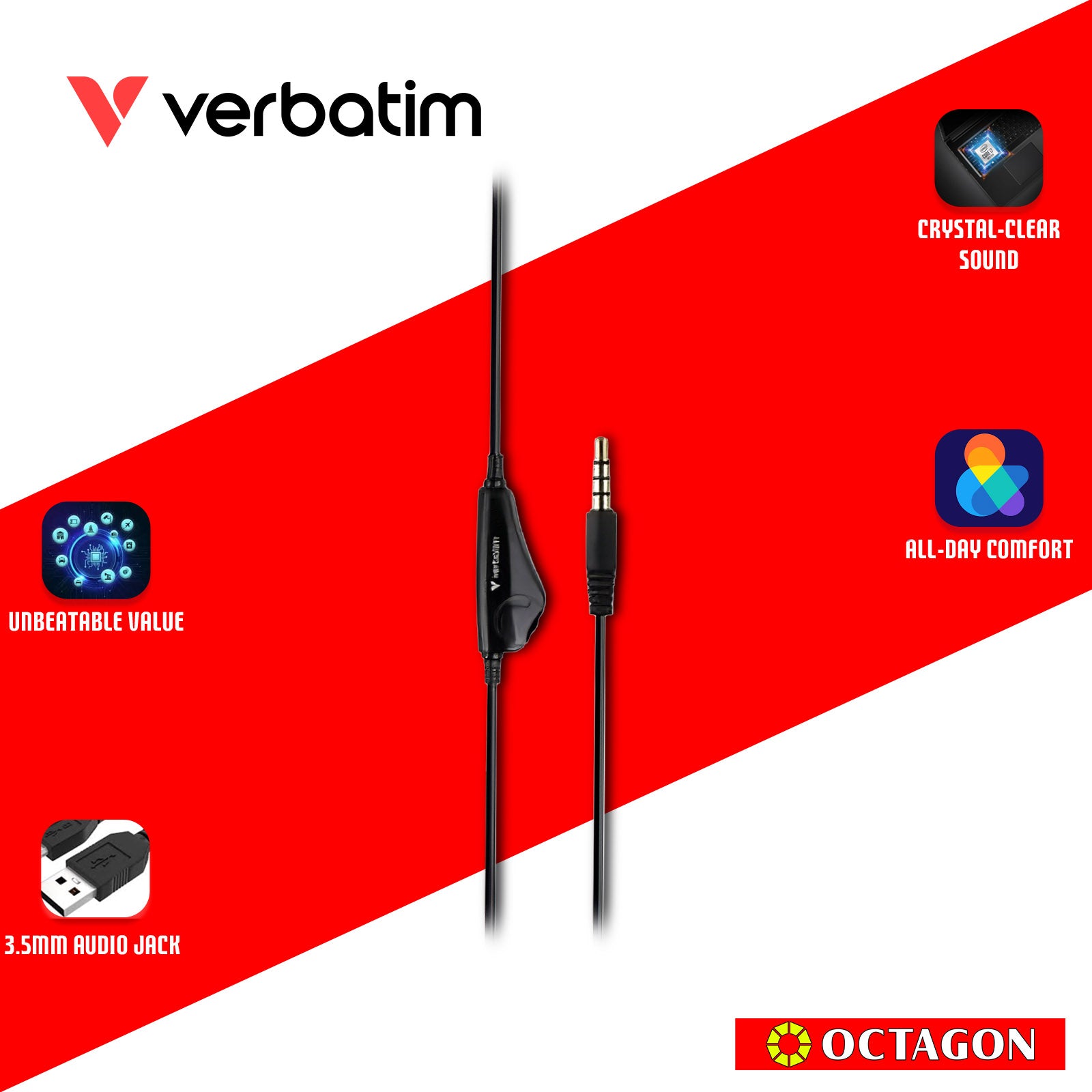 VERBATIM 41646 URBAN HEADGEAR MULTIMEDIA 4 PIN JACK HEADSET WITH MIC & VOLUME CONTROL BLACK