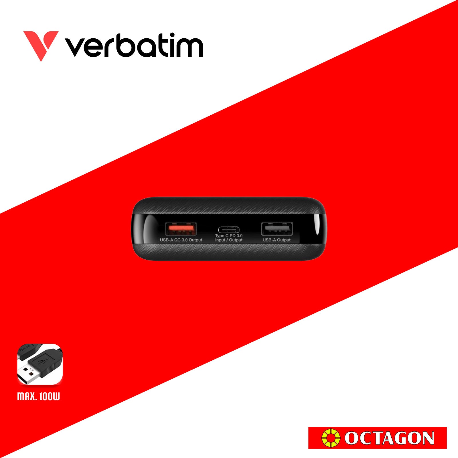 VERBATIM 66699 POWER BANK PD3.0 (100W) W/ DISPLAY 20000MAH (PD100 + QC3.0 18W / USB-A 12W / CHARGE LAPTOP) BLACK