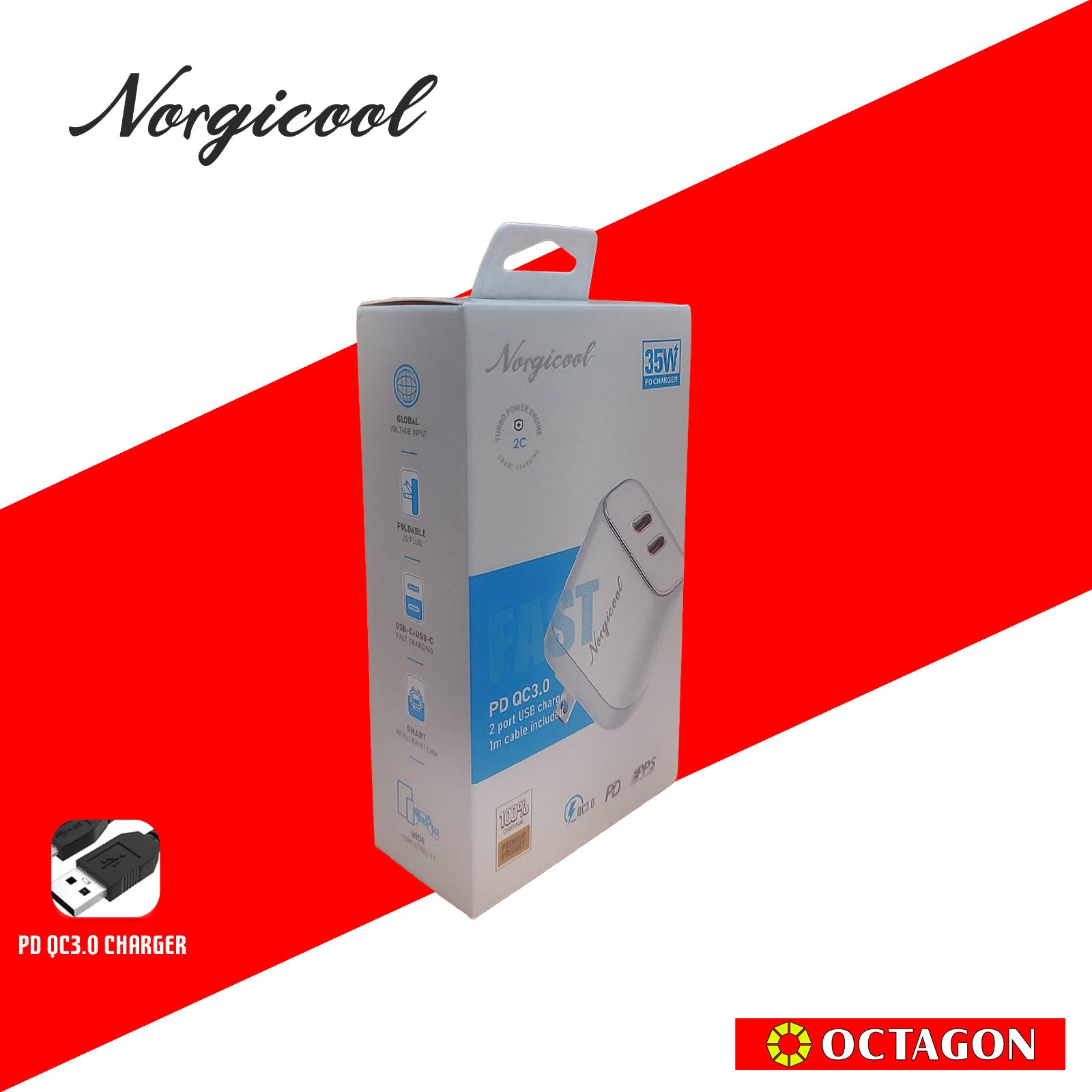 NORGICOOL NA2528C 35W 2-USB-C PD WALL CHARGER WITH C/C CABLE 1M