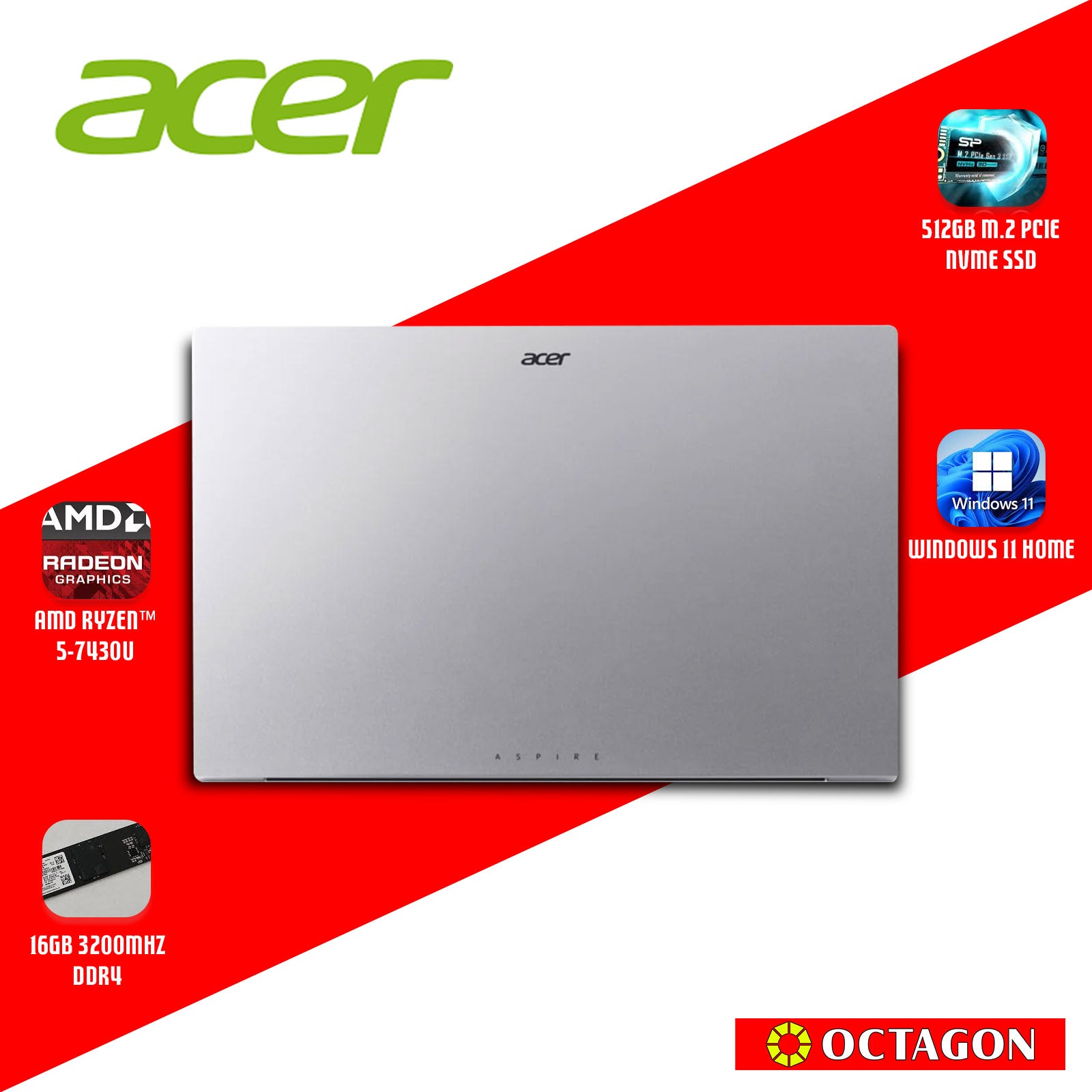 ACER ASPIRE LITE AL15-42P-R6WC/ RYZEN 5 7430U/ 16GB/ 512GB SSD/ 15.6 IPS FHD/ WIN 11/ OFFICE HOME 2024 + OFFICE 365 1YR/ LIGHT SILVER
