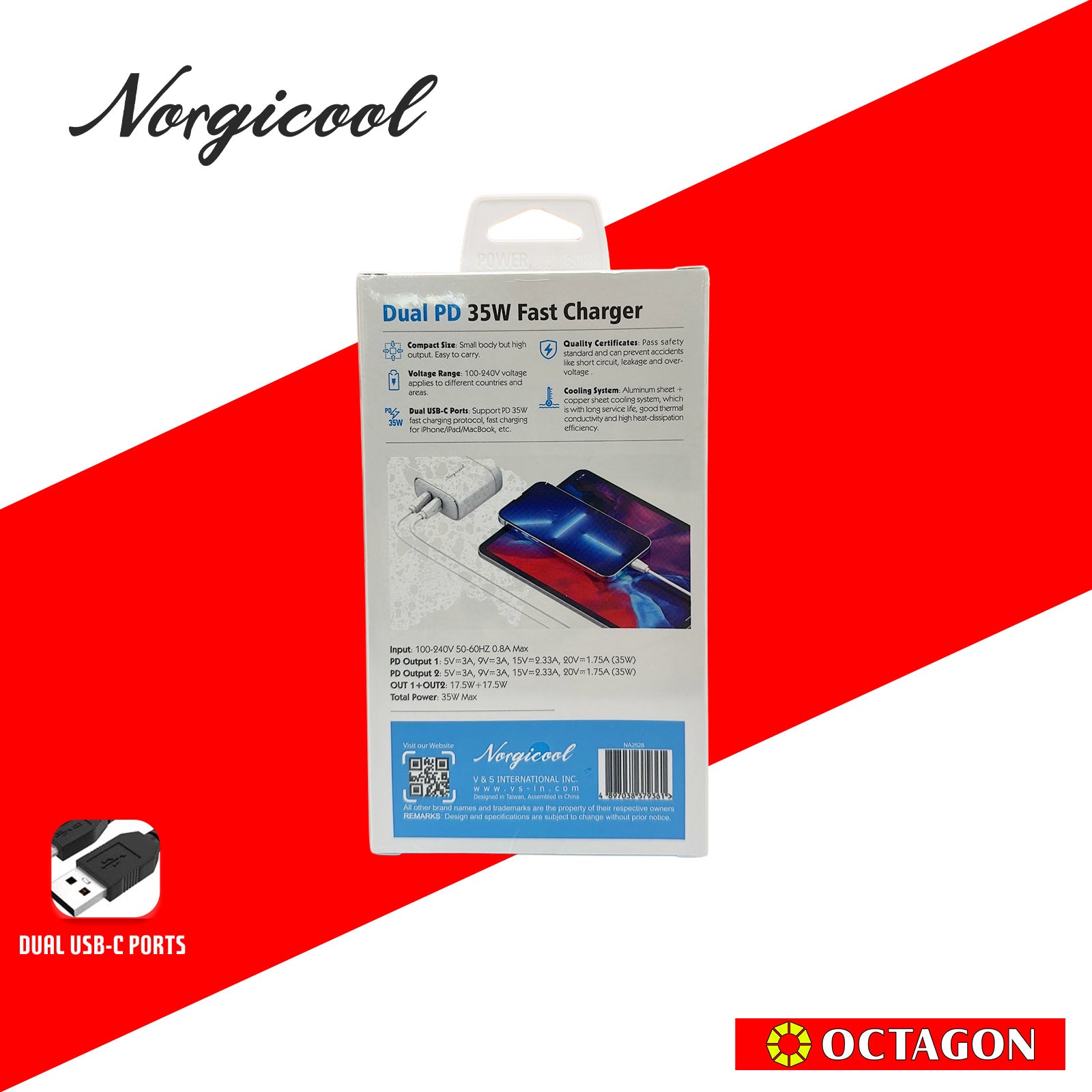 NORGICOOL NA2528 35W 2-USB-C PD WALL CHARGER