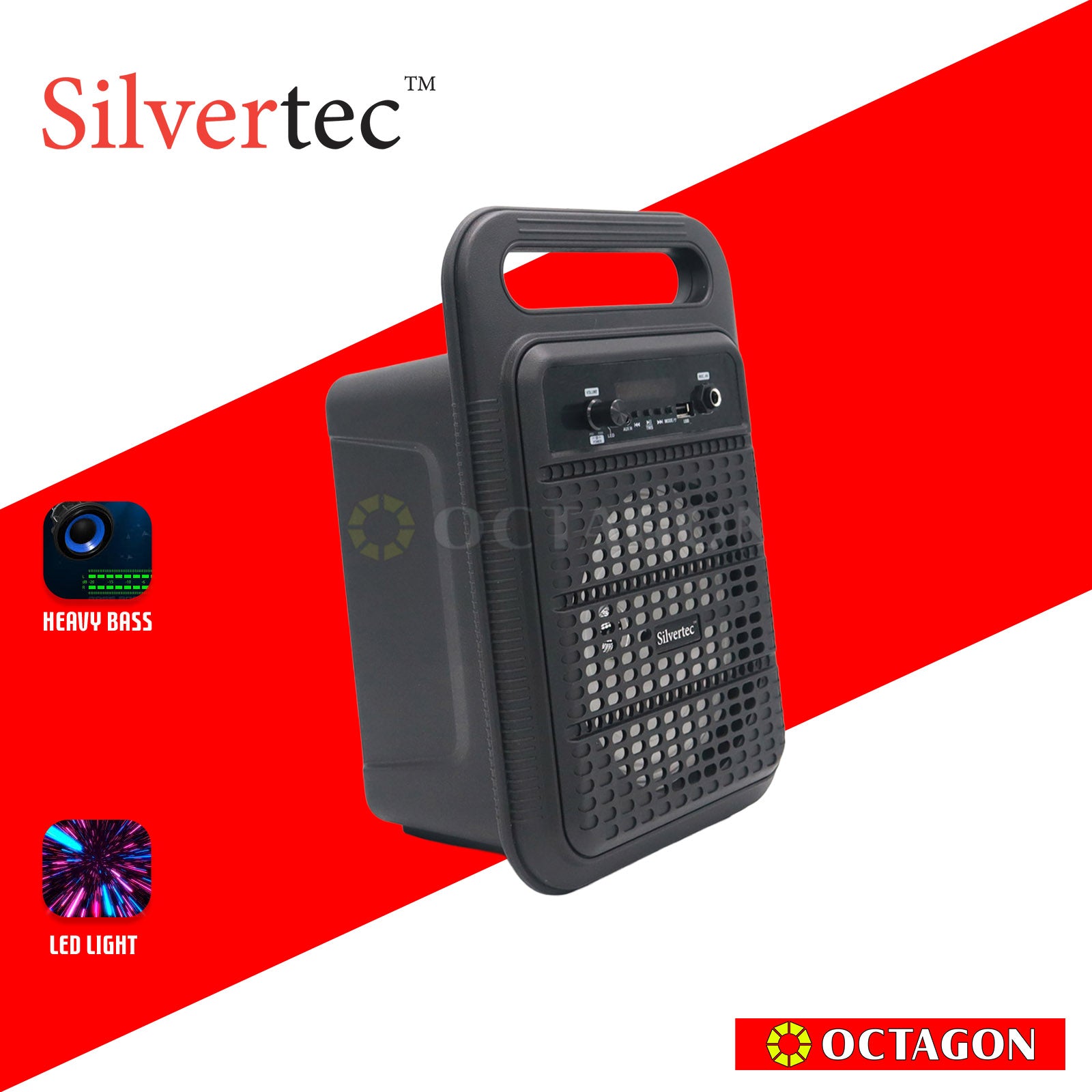 SILVERTEC SPBT-10601 USB/TF/AUX/FM/15W PORTABLE LED KARAOKE BT SPEAKER W/ HANDLE & WIRED MICROPHONE/ LITHIUM 3.7V/2400MAH