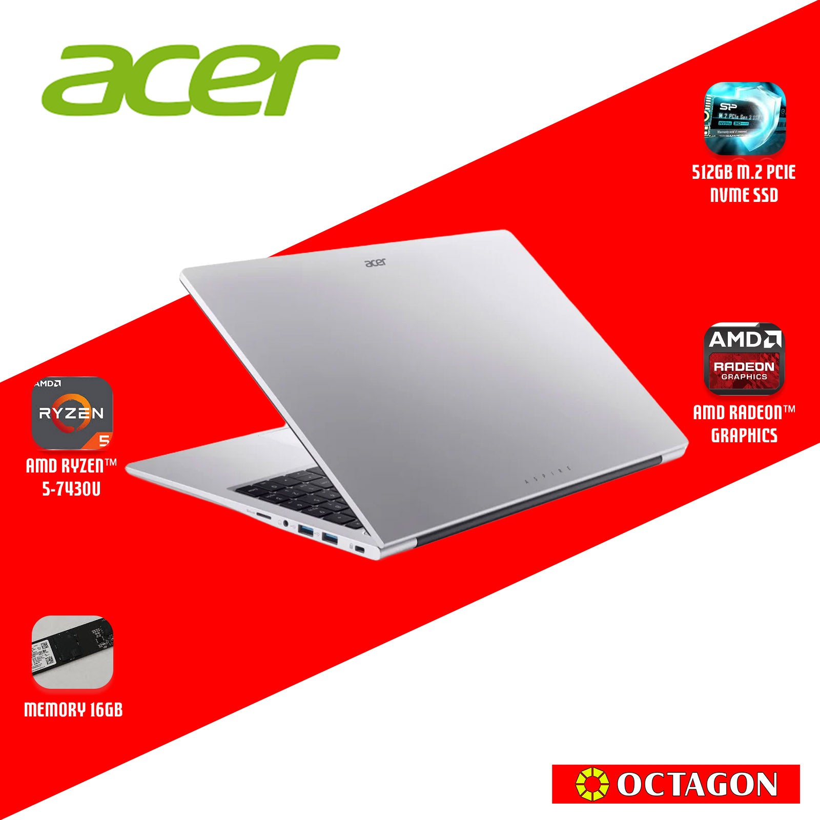 ACER ASPIRE LITE AL15-42P-R9Y9/ RYZEN 5 7430U/ 16GB/ 512GB SSD/ 15.6" IPS FHD/ WIN 11/ OFFICE HOME 2024 + OFFICE 365 1YR/ SILVER