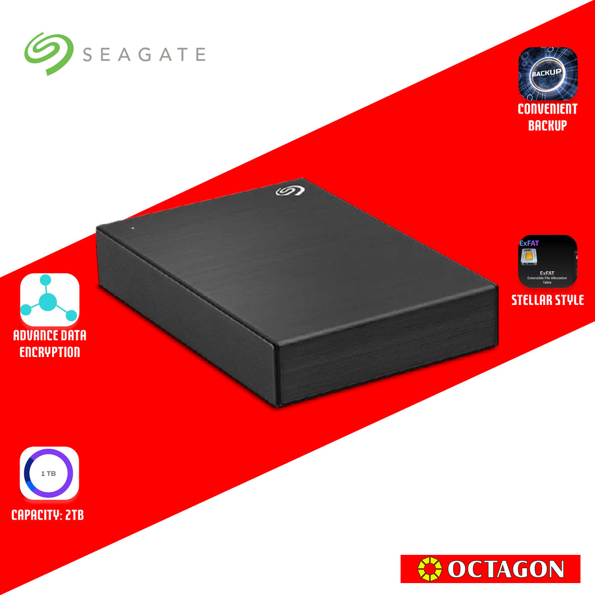 SEAGATE 2TB ONETOUCH BLACK HDD W/ PASSWORD