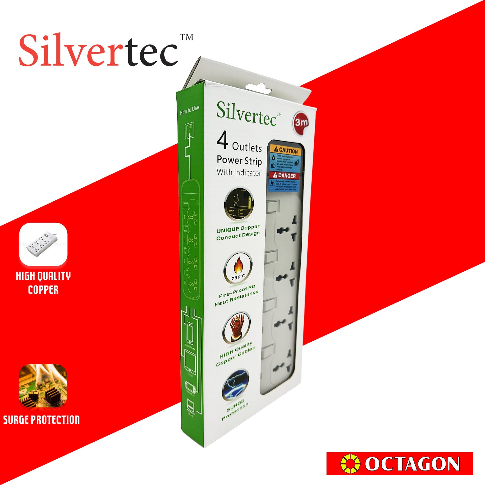 SILVERTEC NEW SV38-3M 4-OUTLET UNIVERSAL PLUG/ 4-SWITCH/ 3M/ 10A/ 2500W/ 250V IVORY POWER STRIP W/ SURGE PROTECTION