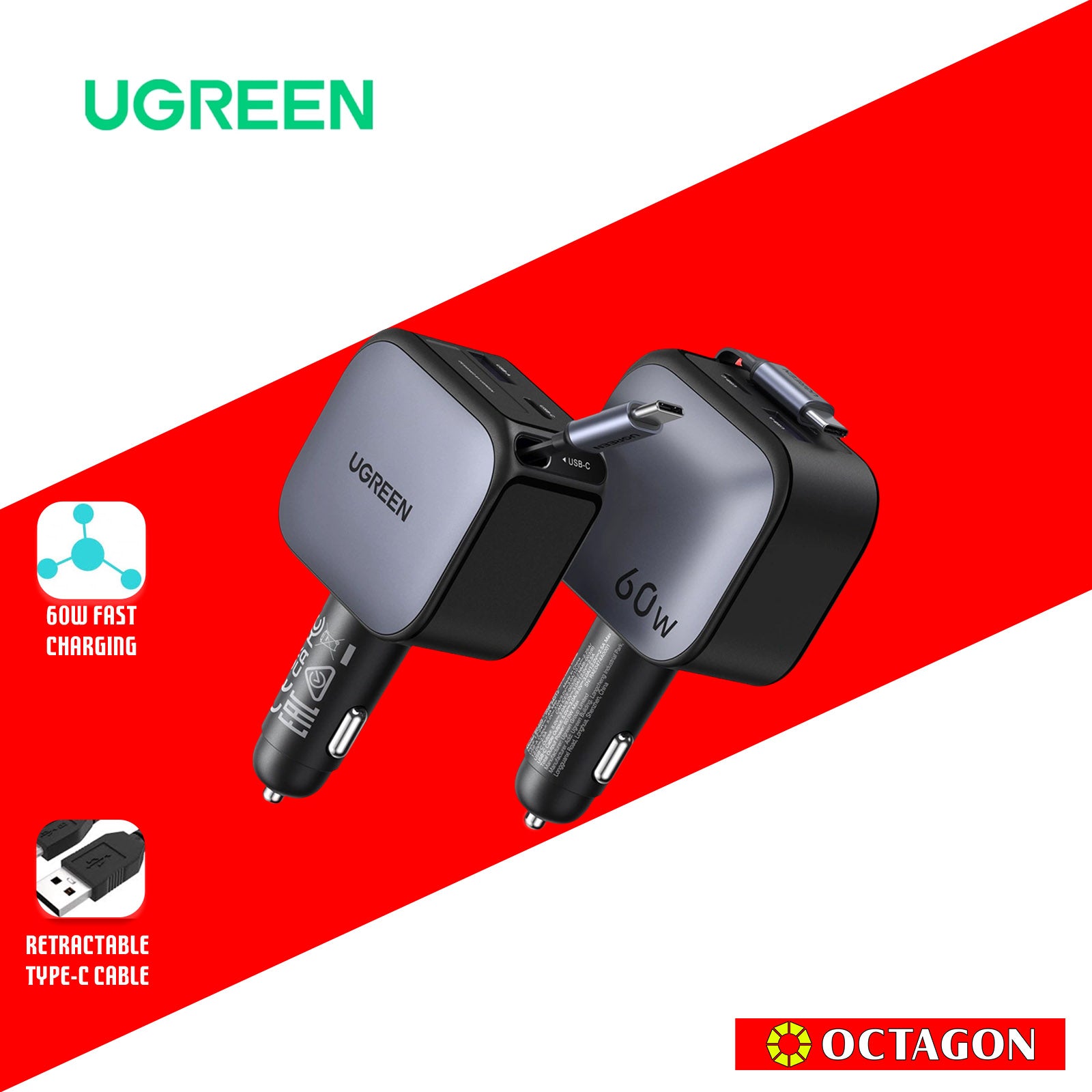 UGREEN EC602/55212B 60W FAST CHARGER WITH RETRACTABLE USB-C CABLE CAR CHARGER