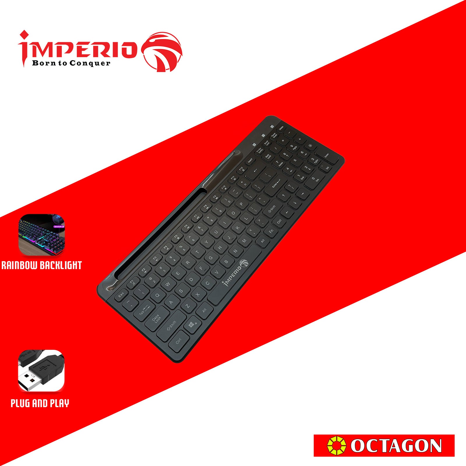 IMPERIO ICC-KB507 RAINBOW BACKLIGHT USB KEYBOARD 100 KEYS W/ MOBILE HOLDER BLACK