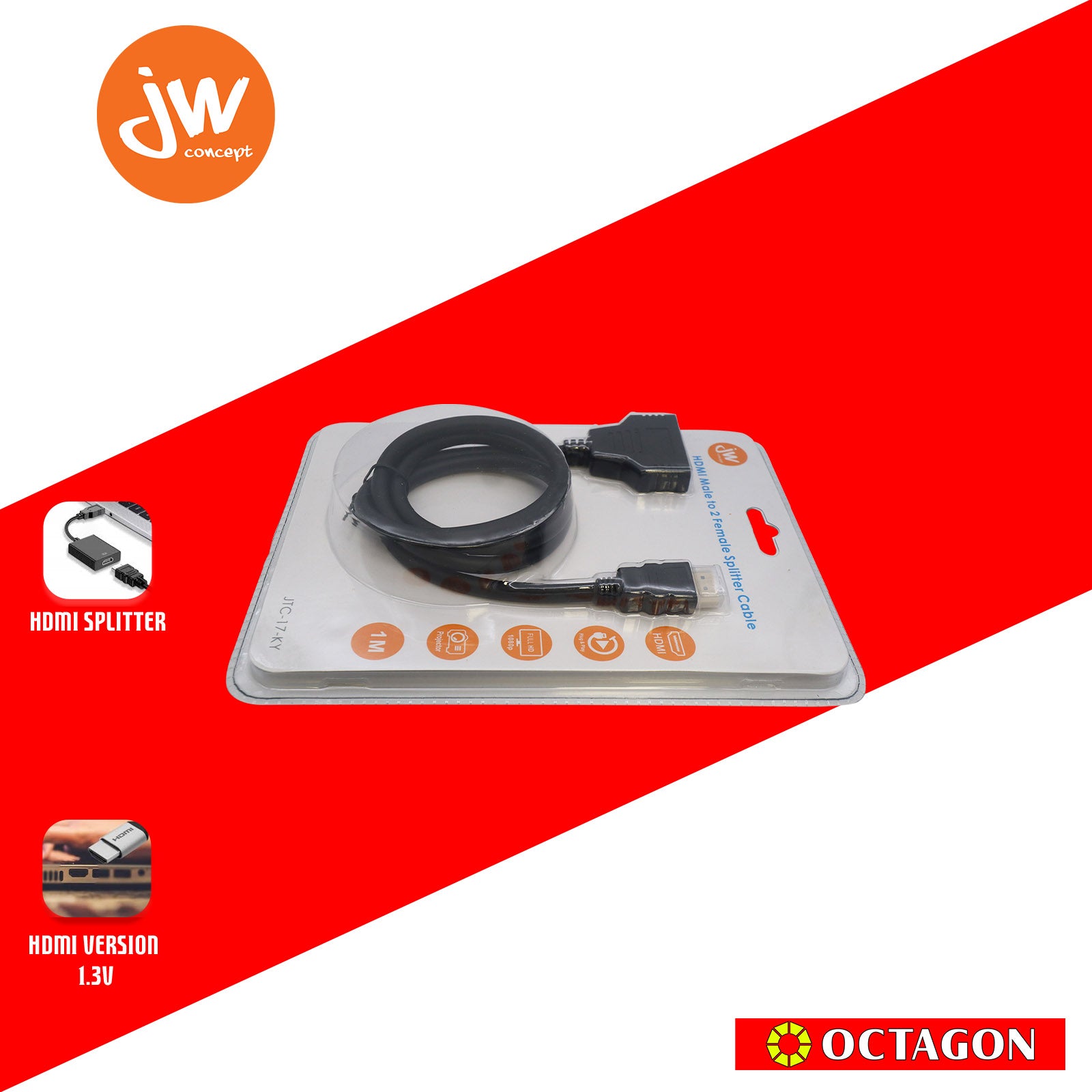 JW JTC-17-KY 2-PORTS 1080P HDMI SPLITTER 1.0M CABLE