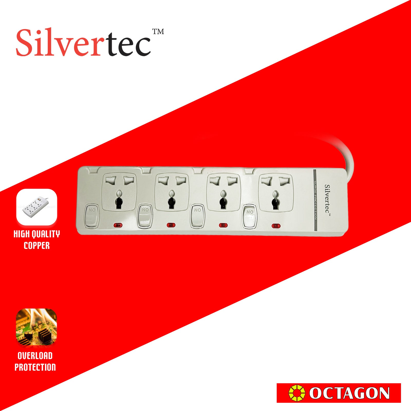 SILVERTEC NEW SV28-1.8M 4-OUTLET UNIVERSAL PLUG/ 4-SWITCH/ 1.8M/ 10A/ 2500W/ 250V IVORY POWER STRIP W/ SURGE PROTECTION